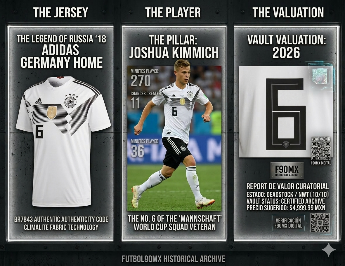 Infografía de archivo Futbol90MX para el jersey de Joshua Kimmich Alemania 2018. Incluye código de autenticidad BR7843, estadísticas del jugador en el Mundial de Rusia y reporte de valor curatorial 2026.