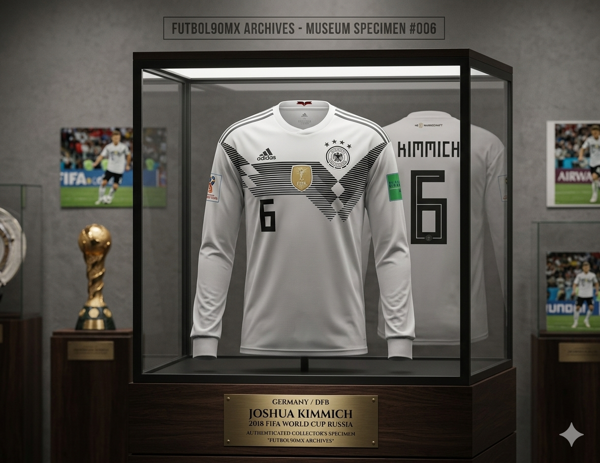 Jersey Adidas Alemania Manga Larga Kimmich 2018 en vitrina de exhibición histórica de museo con placa conmemorativa, Vault Status original, Futbol90MX, codigo BR7830