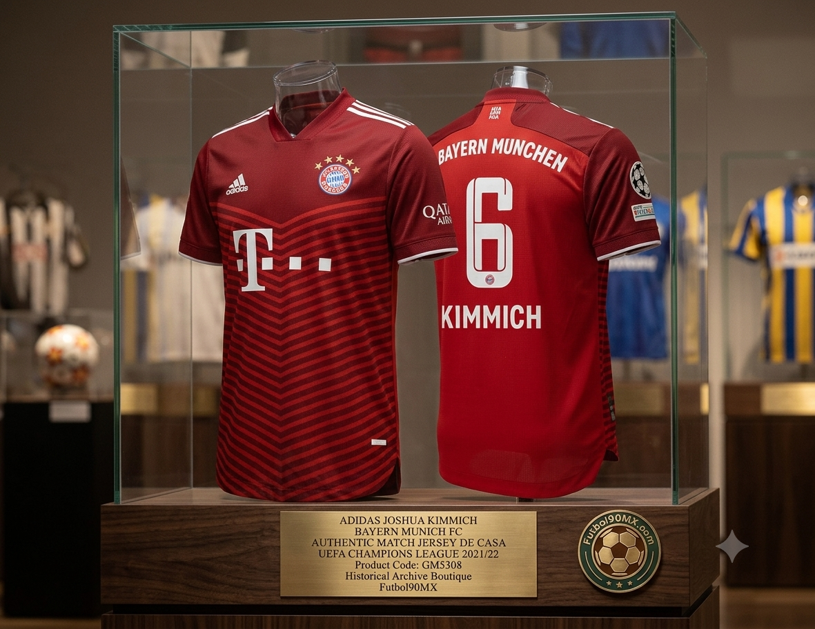 Exhibición de museo de élite para el jersey Adidas Authentic Match del FC Bayern Múnich de la UEFA Champions League 2021/22 personalizado con Joshua Kimmich #6 (Ref. GM5308) en vitrina de caoba con placa conmemorativa en Historical Archive Boutique Futbol90MX