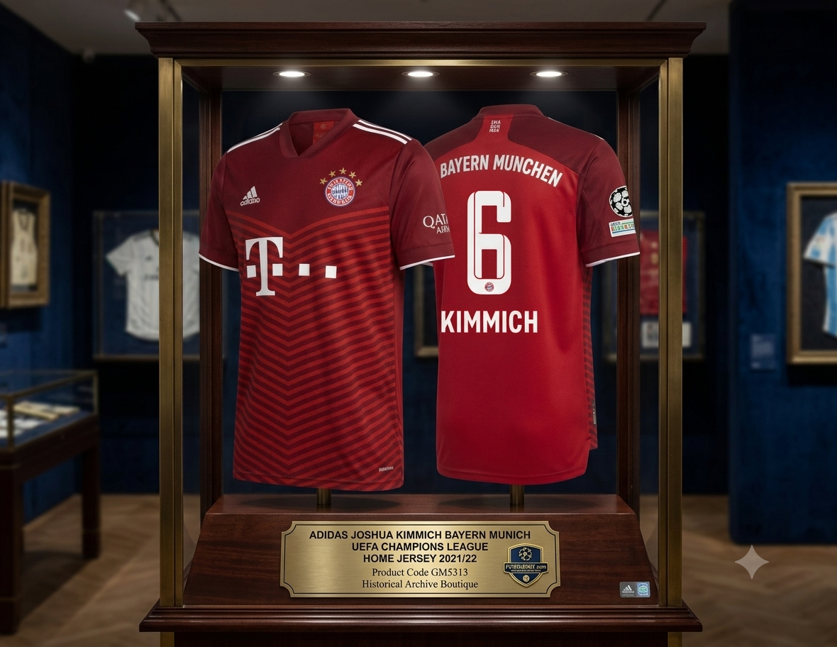 Vista con calidad de museo de una vitrina de archivo iluminada con LED en un entorno sobrio, que exhibe conjuntamente el frente y el reverso del jersey Adidas del FC Bayern München 2021/22 de Joshua Kimmich #6 sobre bases estilizadas, codigo GM5313, con una placa descriptiva de la colección en la parte inferior, en Historical Archive Boutique Futbol90MX