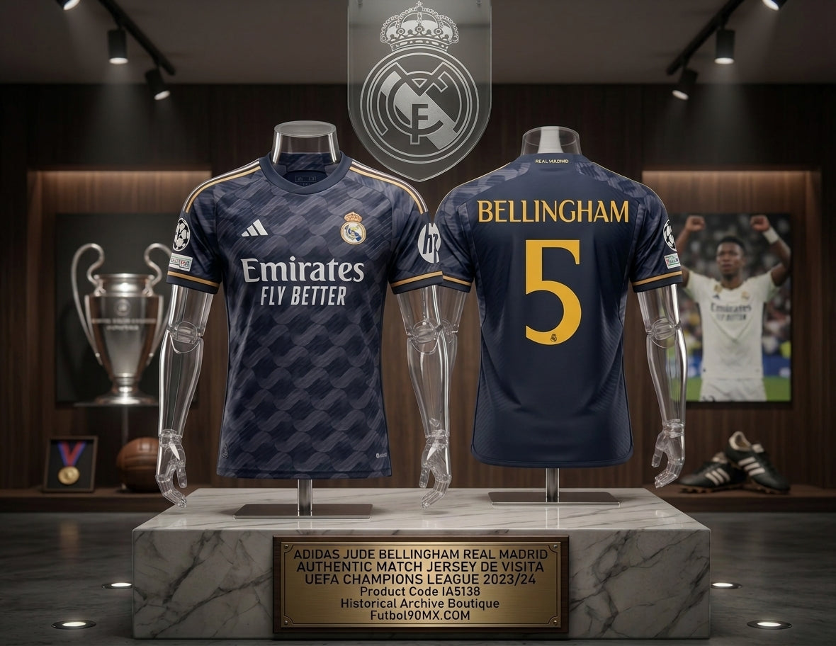 Exhibición museográfica en vitrina de la Historical Archive Boutique de Futbol90MX del jersey Adidas Jude Bellingham Real Madrid Authentic Match UEFA Champions League 2023/24 (Ref. IA5138)