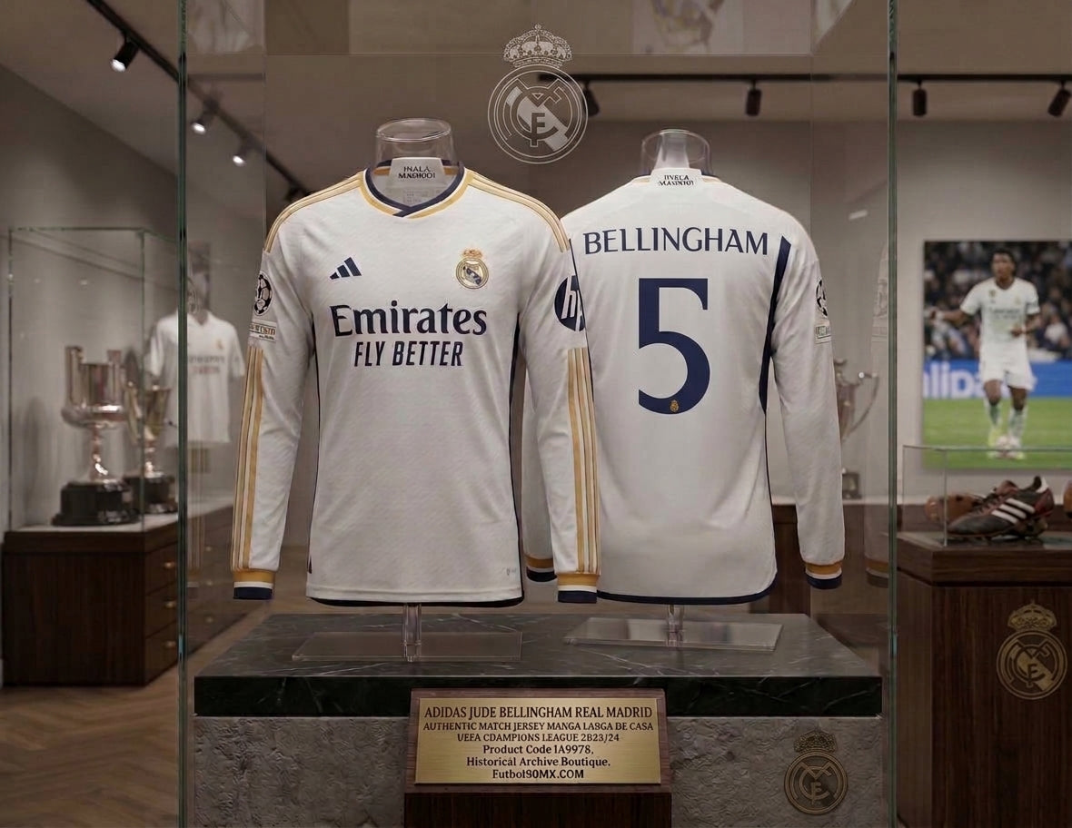 Exhibición museográfica en vitrina de archivo del jersey Adidas Jude Bellingham Real Madrid UEFA Champions League Authentic Match manga larga local 2023/24 (Ref. IA9978) en la Historical Archive Boutique de Futbol90MX