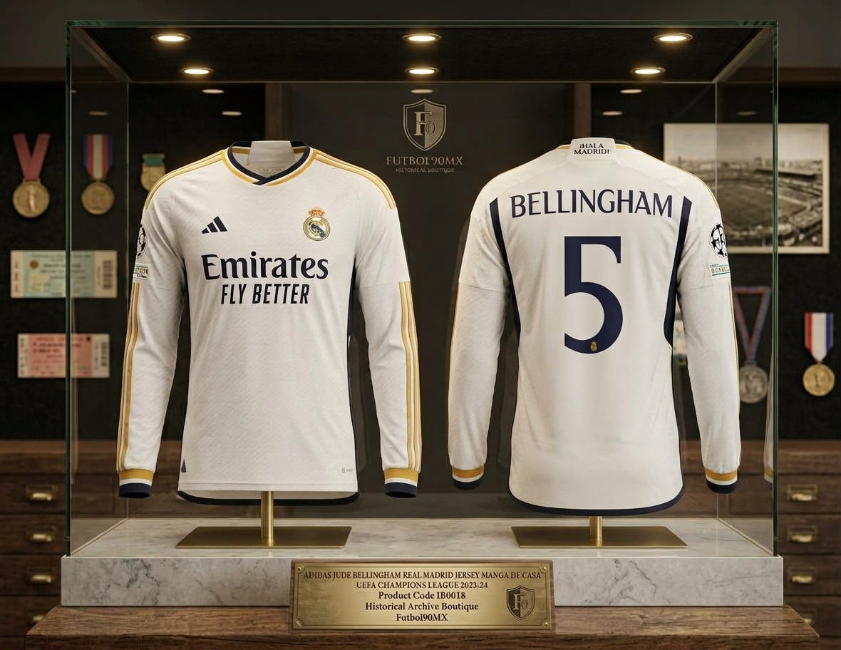 Exhibición museográfica del jersey Adidas Jude Bellingham Real Madrid UEFA Champions League de manga larga de casa 2023/24 (Ref. IB0018) en la Historical Archive Boutique de Futbol90MX