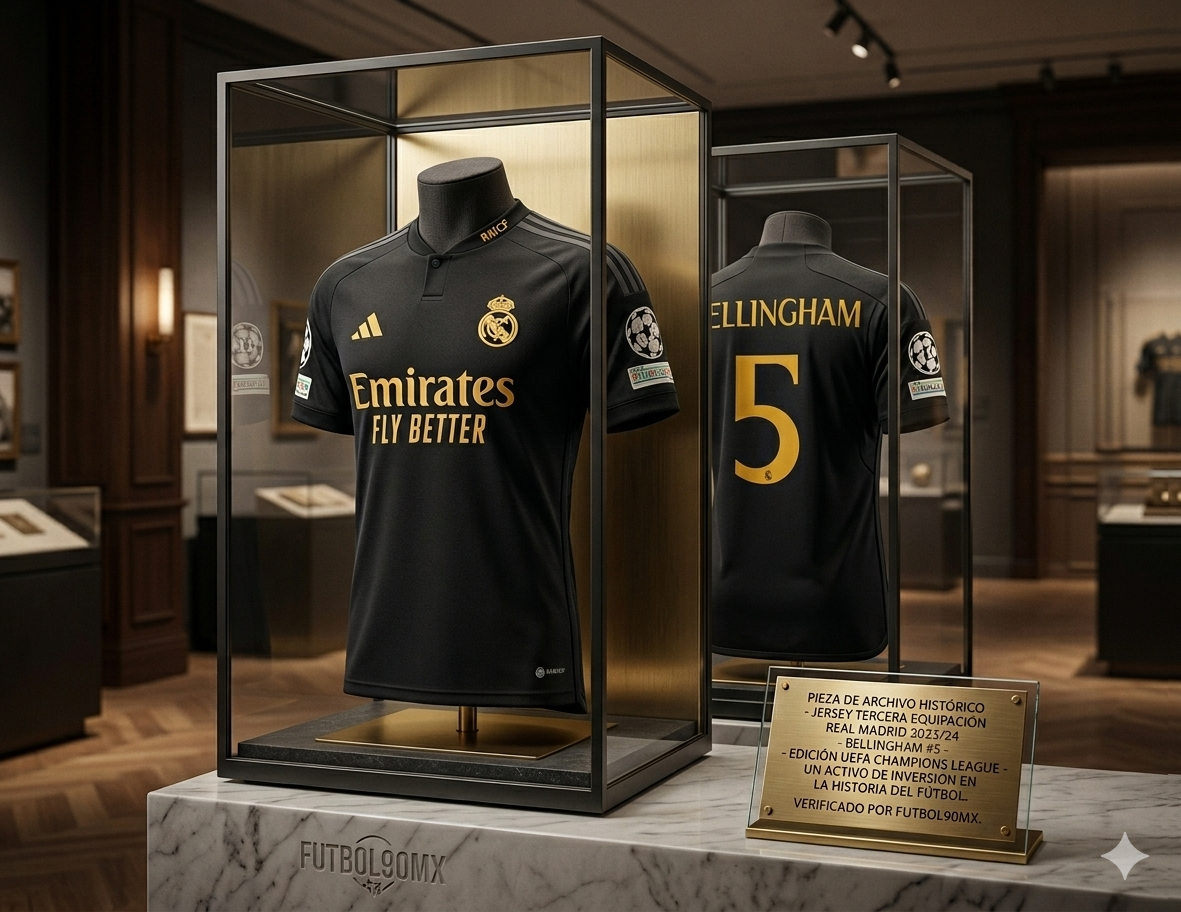 Exhibición de archivo histórico de Jersey Real Madrid Third 2023-24 de Jude Bellingham #5, con parches oficiales de la UEFA Champions League, en vitrina de lujo de Futbol90MX Adidas IN9846