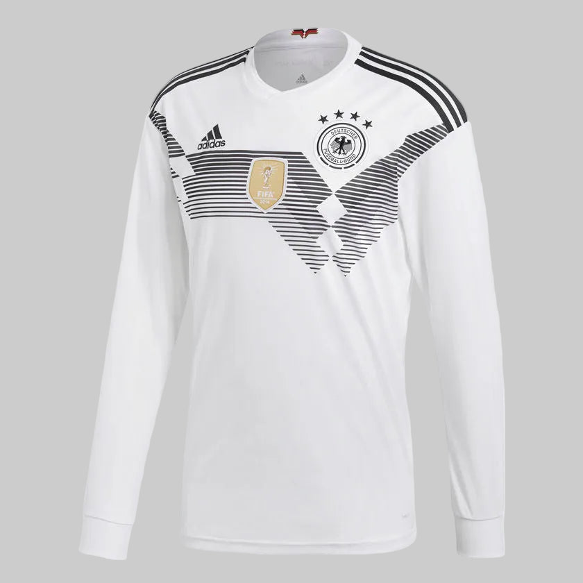 Playera original de Draxler de local de la Selección de Alemania Mundial Rusia 2018 manga larga frente, color blanco con diseño geométrico gris, código BR7830, stock Futbol90MX