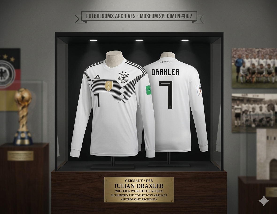 Jersey Adidas Alemania Manga Larga Draxler 2018 en vitrina de exhibición histórica de museo con placa conmemorativa, Vault Status original, Futbol90MX, codigo BR7830