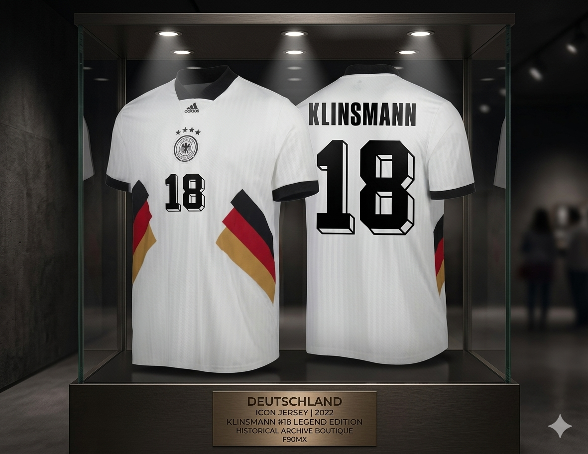 Presentación del jersey Icon Alemania Klinsmann #18 en entorno de exhibición histórica. Refuerza el estatus de la pieza como activo de inversión custodiado Adidas HS5941