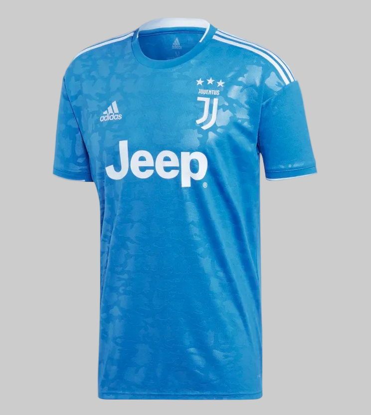 Vista frontal completa del Adidas Juventus Third Jersey 2019/20 (DW5471) en color azul brillante con patrón de camuflaje sutil, logotipo de adidas, patrocinio "Jeep" y escudo minimalista en silver, disponible en Futbol90MX