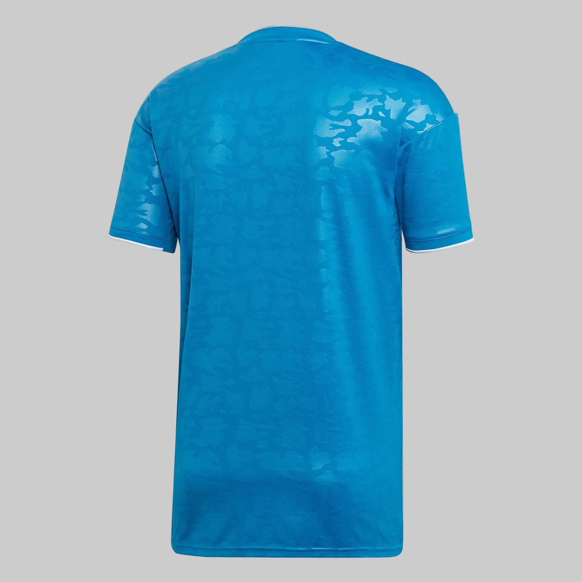 Vista trasera del tercer jersey Adidas Juventus 2019/20 (DW5471) en Futbol90MX, mostrando el diseño limpio en tono azul brillante y la continuidad del patrón gráfico en la espalda