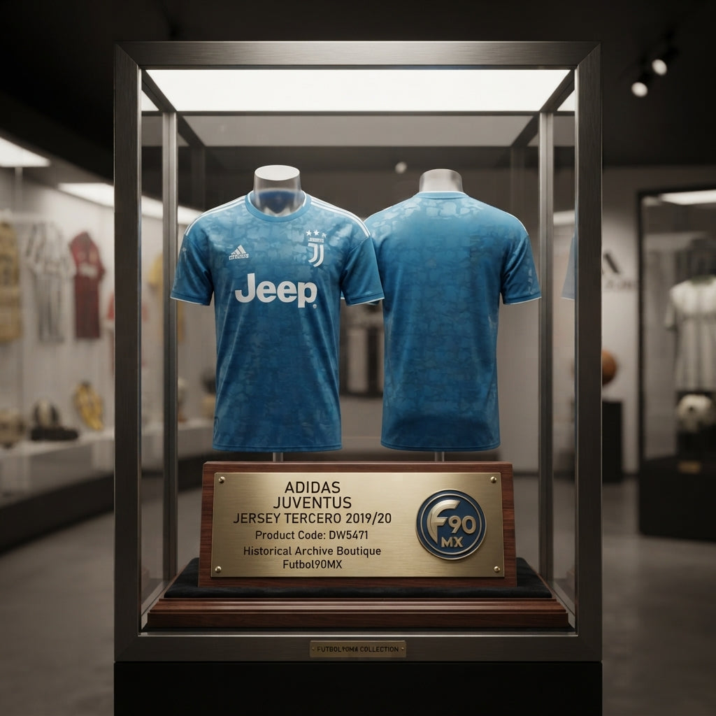 Vista de museo del Tercer jersey Adidas Juventus 2019/20 (DW5471) expuesto en una vitrina museística de la Historical Archive Boutique en Futbol90MX, acompañado de una placa de catalogación oficial y elementos de exhibición