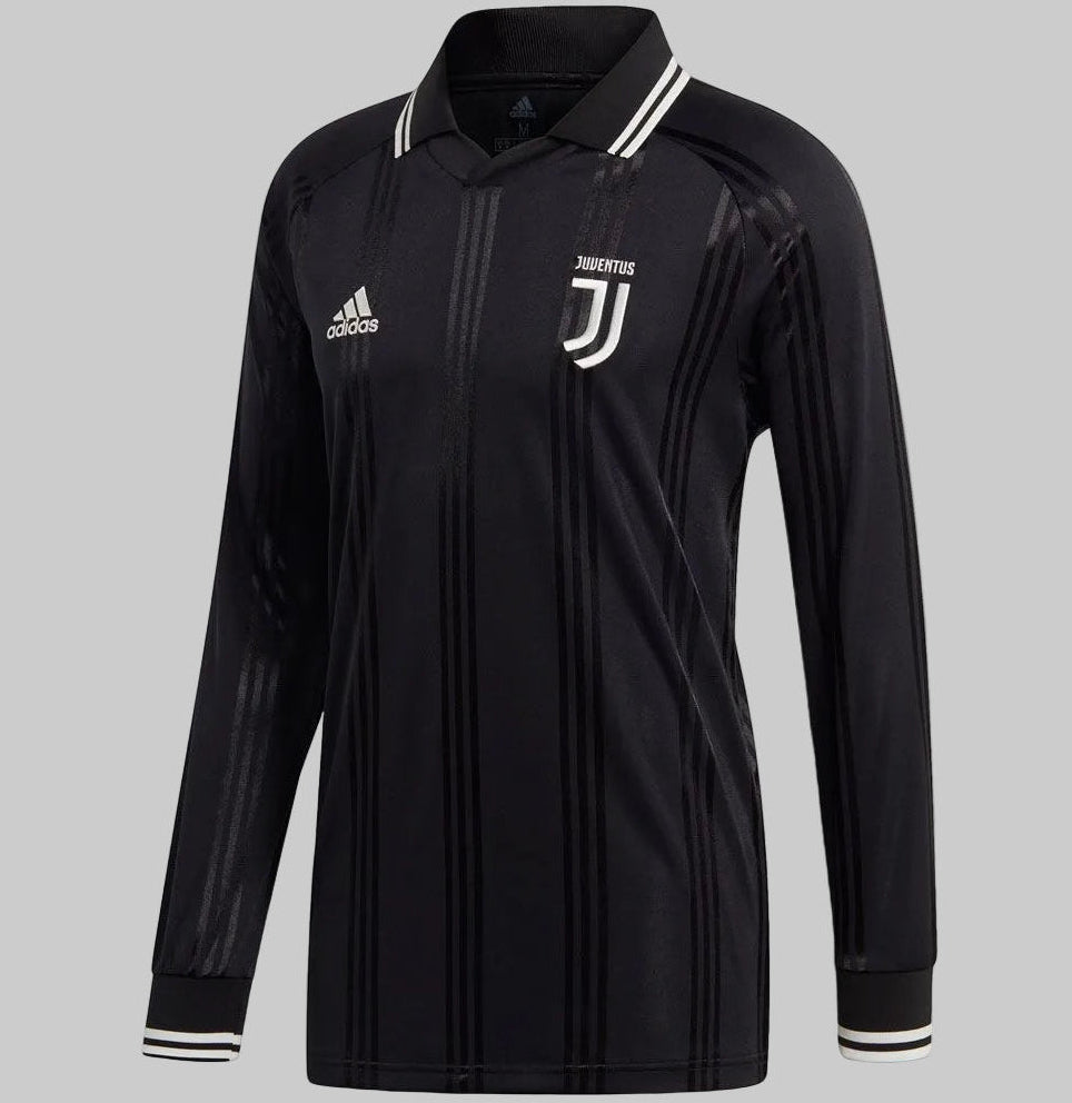 Jersey Adidas Juventus Icons manga larga 2019-20 DX9212, edición especial Triple Black con cuello polo retro, nuevo con etiquetas (NWT) - Futbol90MX Archive.