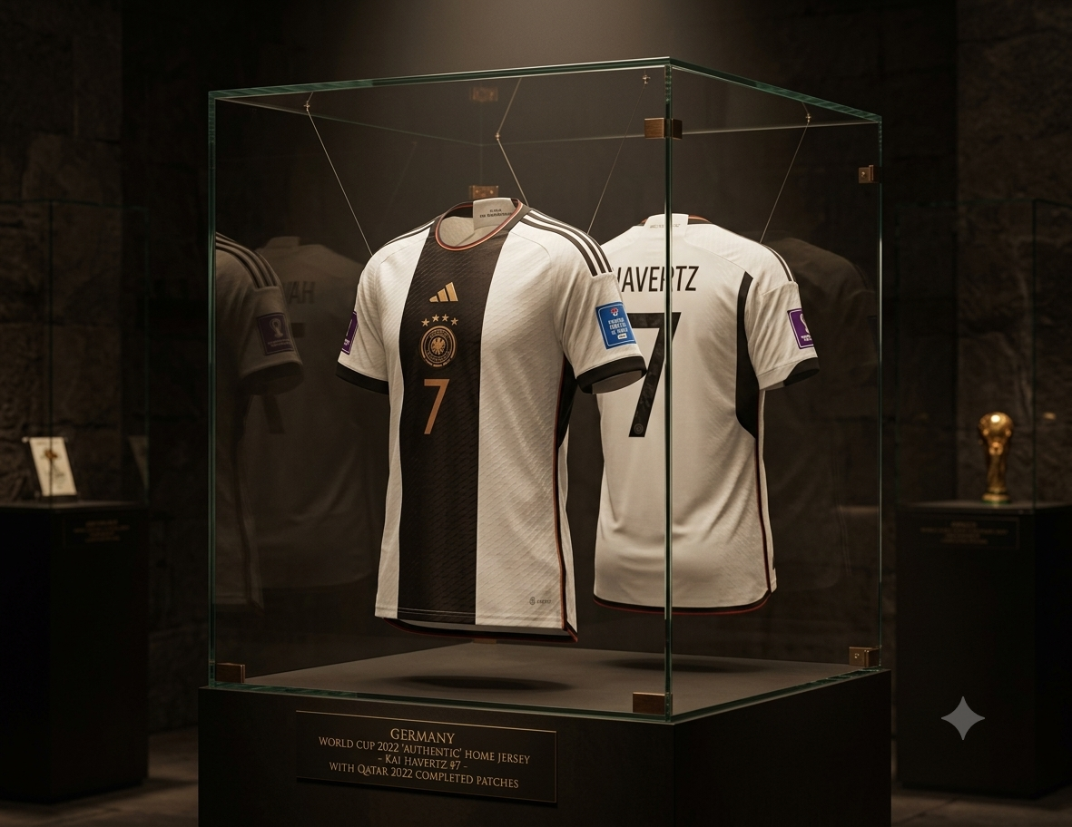 Jersey Adidas Authentic Match de Alemania Mundial FIFA 2022 de Kai Havertz exhibido en vitrina de archivo, codigo HF1693, pieza de colección curada y certificada por Futbol90MX.