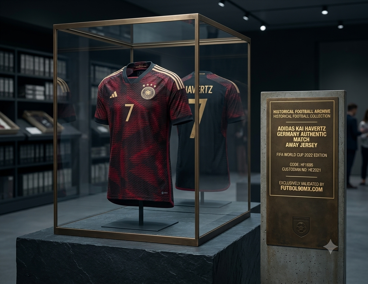 Jersey Authentic Match de visitante Alemania Mundial 2022 de Kai Havertz exhibido en vitrina de la Historical Archive Boutique Futbol90MX, vista de calidad museo con placa de autenticidad, codigo Adidas HF1695