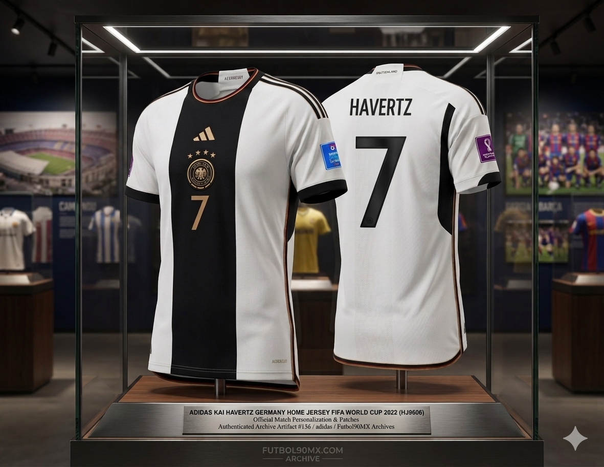 Ejemplar de archivo de Bóveda: Jersey Adidas de Alemania Local Mundial 2022 Kai Havertz #7 con parches oficiales, exhibido en vitrina de museo Futbol90MX, codigo HJ9606