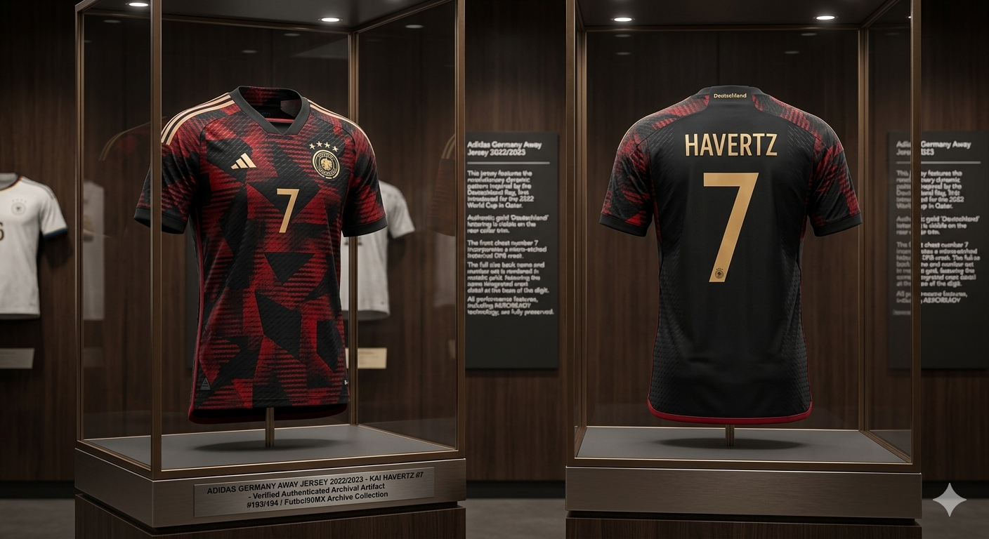 Una fotografía de calidad de museo de dos jerseys de fútbol Adidas de Alemania Away 2022/2023 exhibidos en vitrinas. A la izquierda, un jersey front-and-side view muestra el patrón geométrico negro y rojo, el escudo de Alemania dorado, las estrellas y el número 7 dorado en el pecho. A la derecha, una vista trasera muestra el nombre "HAVERTZ" y un gran número 7 dorado en el reverso, codigo HJ9604 en Futbol90MX