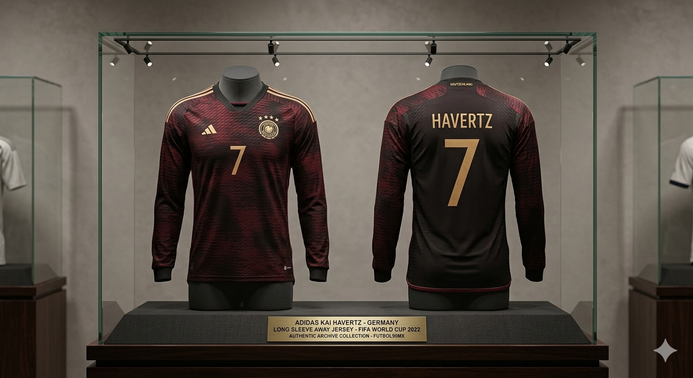 Fotografía de calidad museística de la camiseta de visitante de manga larga Adidas Kai Havertz Alemania 2022 dentro de una vitrina de cristal impecable. Dos bustos separados presentan la camiseta: a la izquierda, la vista frontal con franjas doradas, el escudo alemán, el logotipo de Adidas y el número 7; a la derecha, la vista trasera con "HAVERTZ" y el número 7 en dorado, codigo HF1466 en Futbol90MX