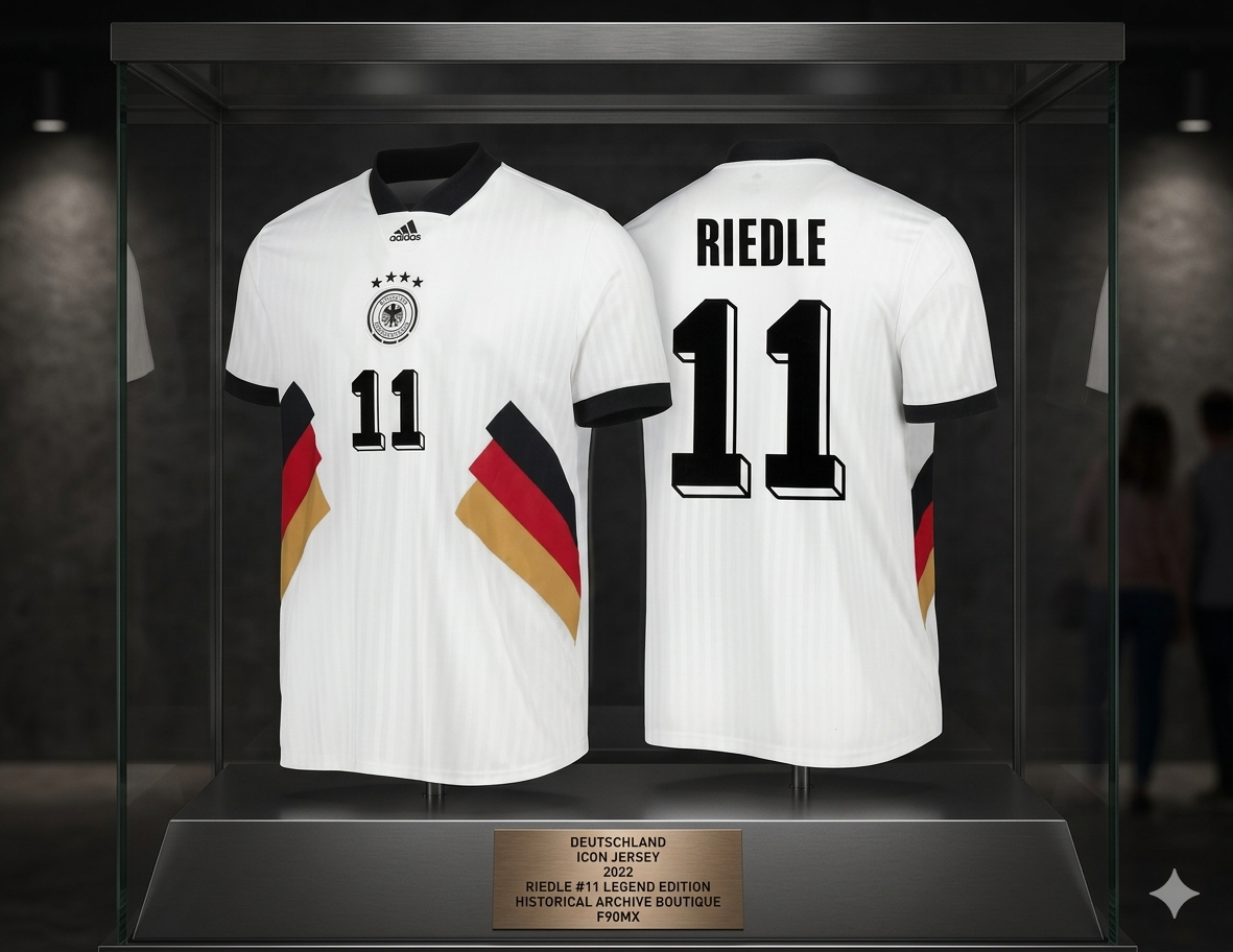 Presentación de archivo del jersey Riedle #11 en vitrina de exhibición técnica. Refuerza el estatus de la pieza como activo de inversión en Futbol90MX Adidas HS5941