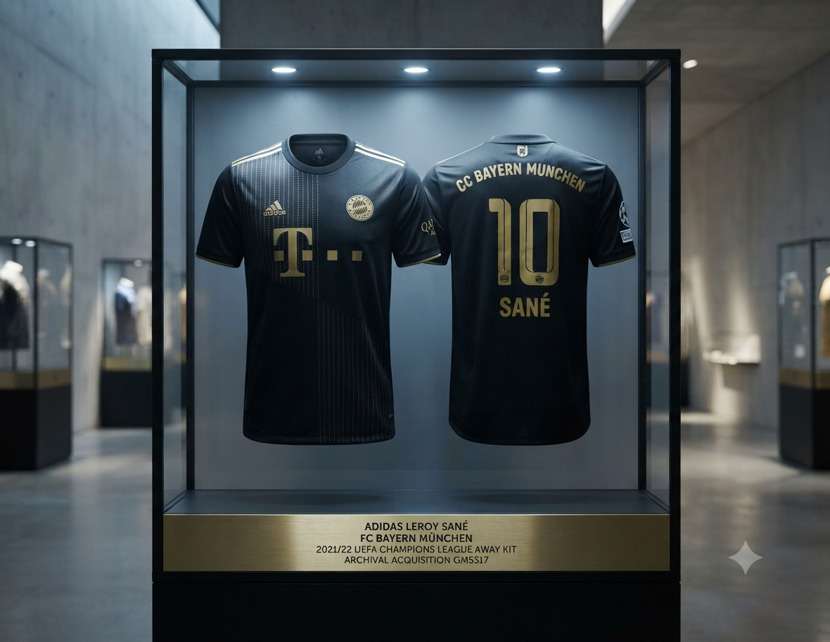 Vitrina de museo con el jersey adidas de visitante 2021/22 de Leroy Sané del Bayern Múnich, edición UEFA Champions League en negro y dorado, codigo GM5317, en Historical Archive Boutique Futbol90MX