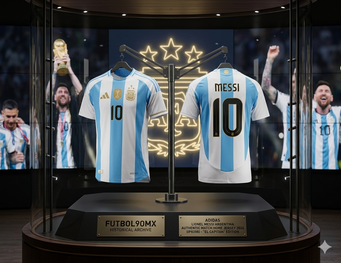Activo de archivo Futbol90MX: Jersey Authentic Match Home Adidas Argentina 2024 de Lionel Messi expuesto en pedestal con iluminación de museo, codigo IP8388