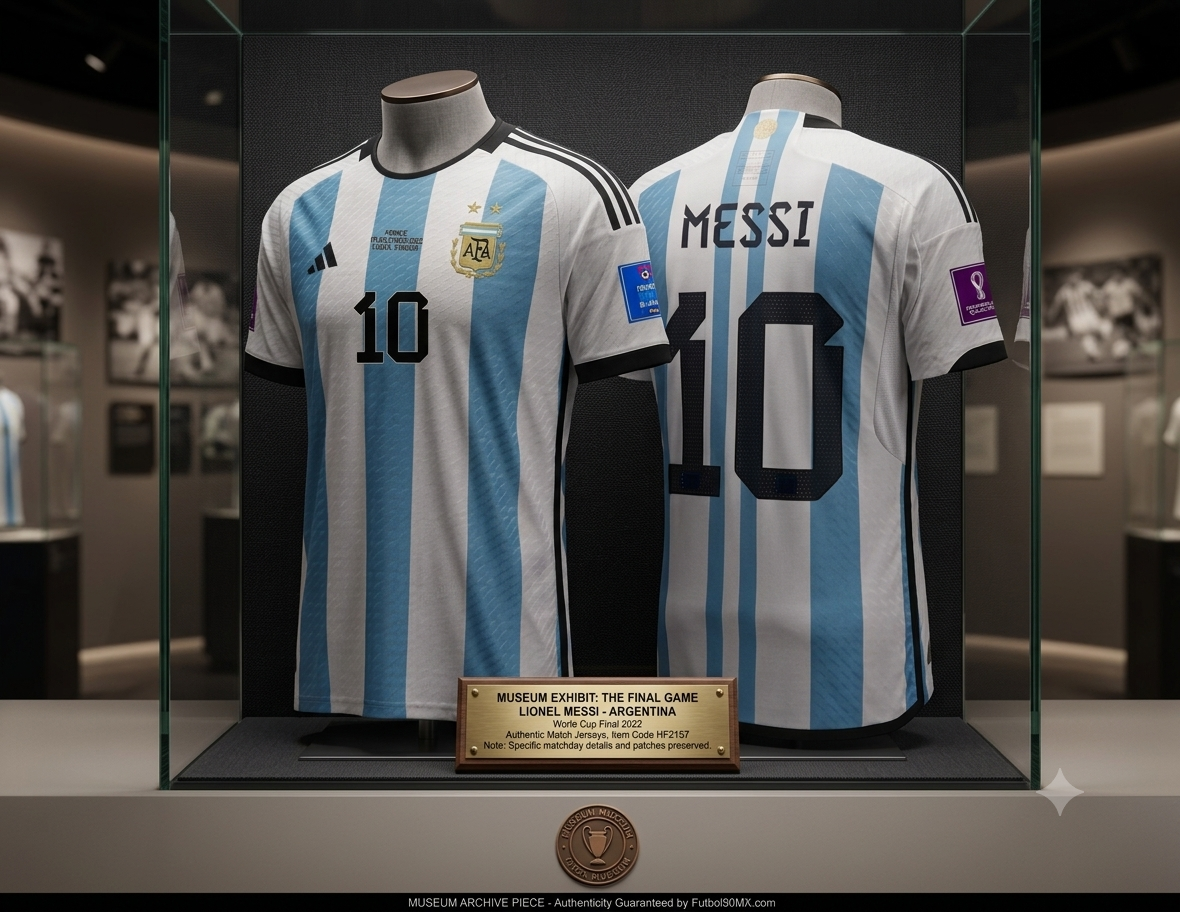 Jersey Authentic Match de Argentina usado por Messi en la Final de Qatar 2022, codigo Adidas HF2157, presentado en exhibición de Historical Archive Boutique Futbol90MX