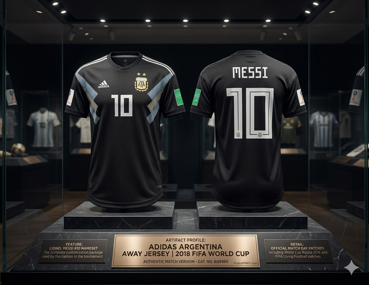 Exhibición de museo del jersey Adidas Authentic Match de Argentina 2018, personalizado con el #10 de Lionel Messi. La pieza se presenta en un gabinete de cristal sobre un pedestal oscuro con placas doradas que detallan su autenticidad, código BQ9360, y su estatus como pieza fundamental de archivo en Futbol90MX.