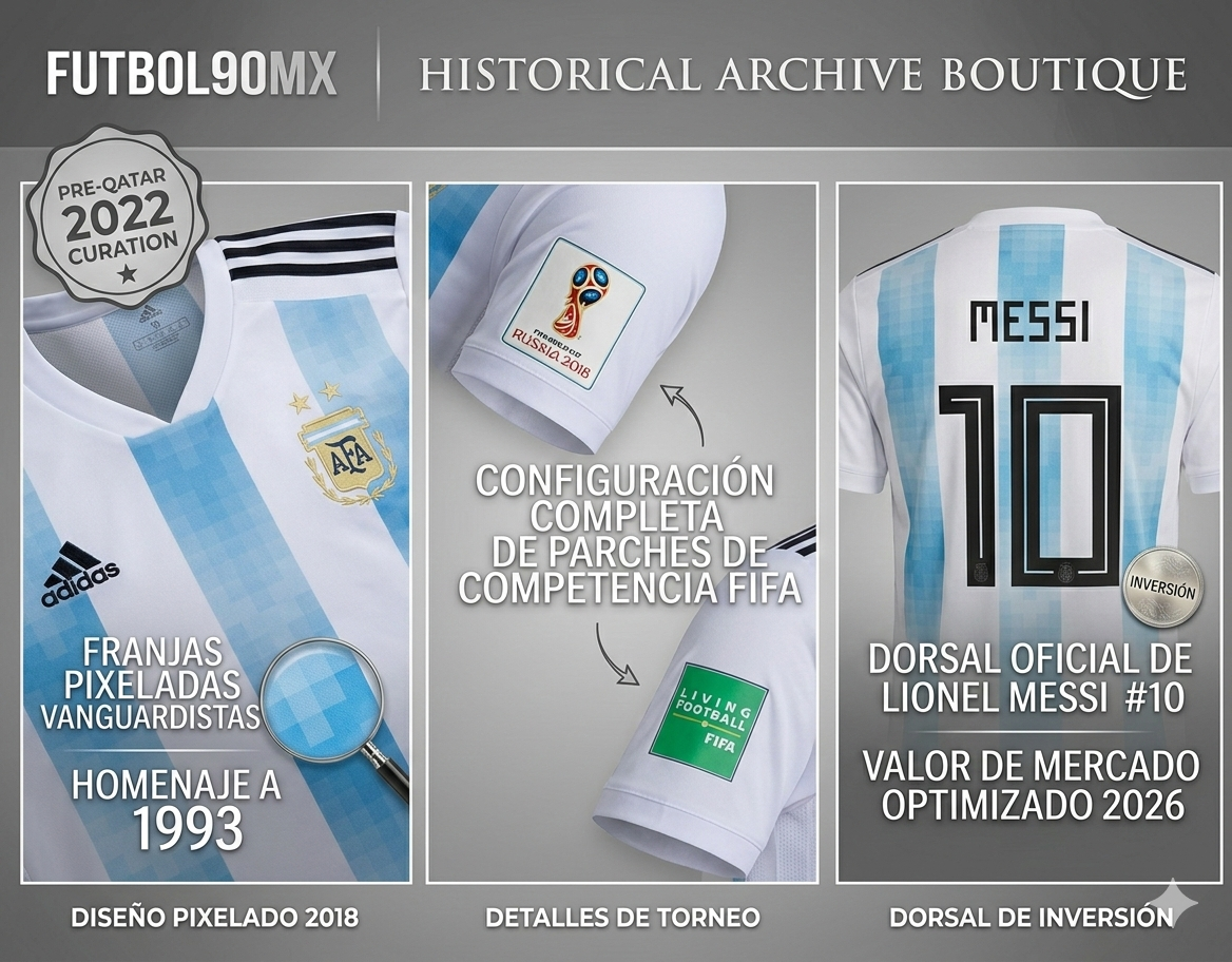 Infografía de inversión deportiva Futbol90MX: Jersey Messi Argentina 2018. Paneles que muestran diseño pixelado, detalles de parches FIFA y valor de mercado optimizado 2026.