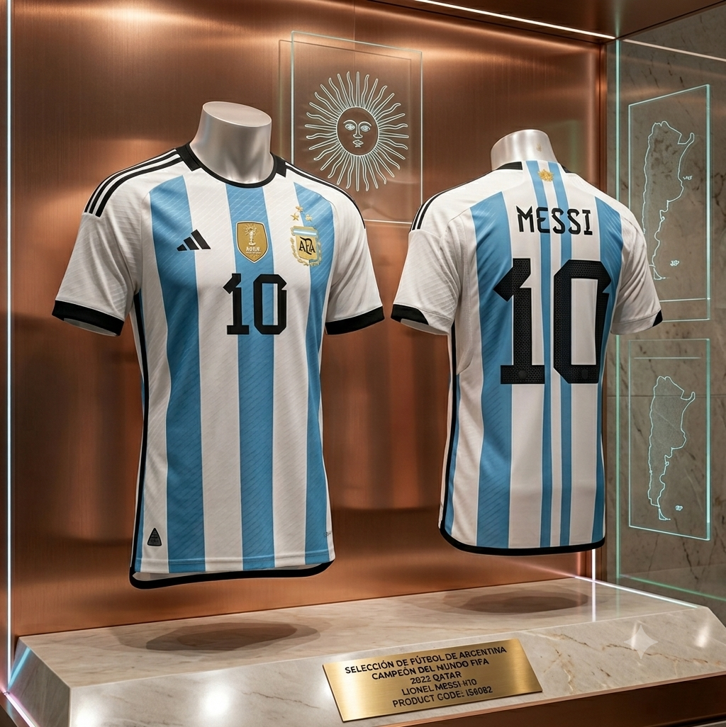 Jersey Adidas de local de Argentina Campeón del Mundo 2022 personalizado con Lionel Messi #10, exhibido en vitrina de archivo con acabado de cobre. Incluye placa conmemorativa con especificaciones del jugador y código de producto IS6082, estilo boutique Futbol 90 MX.
