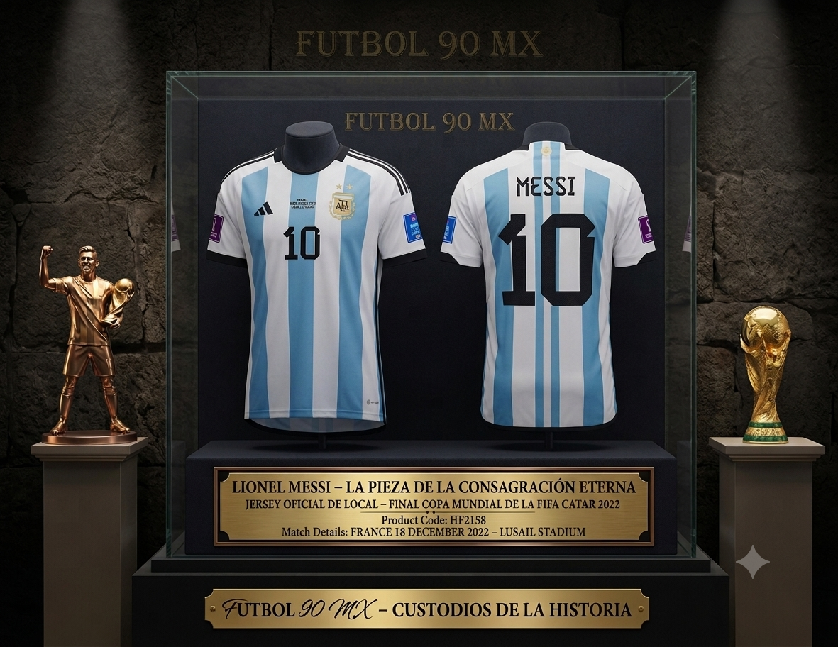 Jersey Adidas de Argentina Final Mundial 2022 de Messi dentro de urna de cristal tipo museo, pieza de archivo de Futbol90MX, codigo HF2158