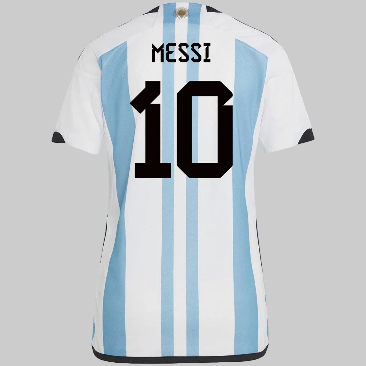 Vista posterior del Jersey Lionel Messi Argentina dorsal 10 para mujer Campeon Qatar 2022 código adidas IS6084