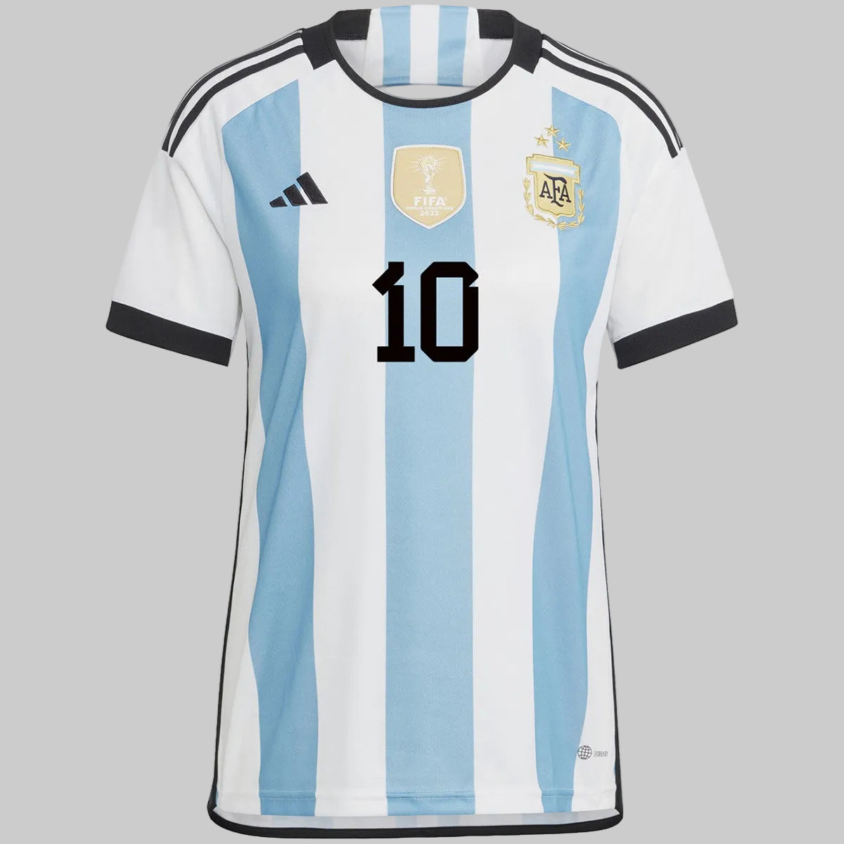 Vista frontal del Jersey Adidas Messi Argentina para Mujer Copa Mundial 2022, codigo IS6084, stock Futbol90MX