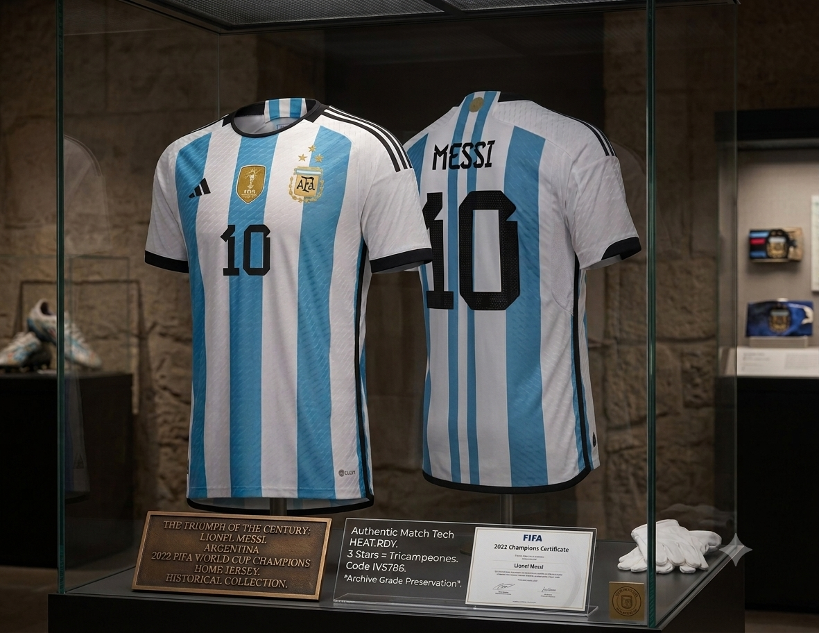 Jersey Authentic Match de archivo de Argentina 2022, codigo IV5786, campeón mundial, exhibido en vitrina de curaduría, con placa de autenticidad y certificado FIFA, edición de colección Futbol90MX.