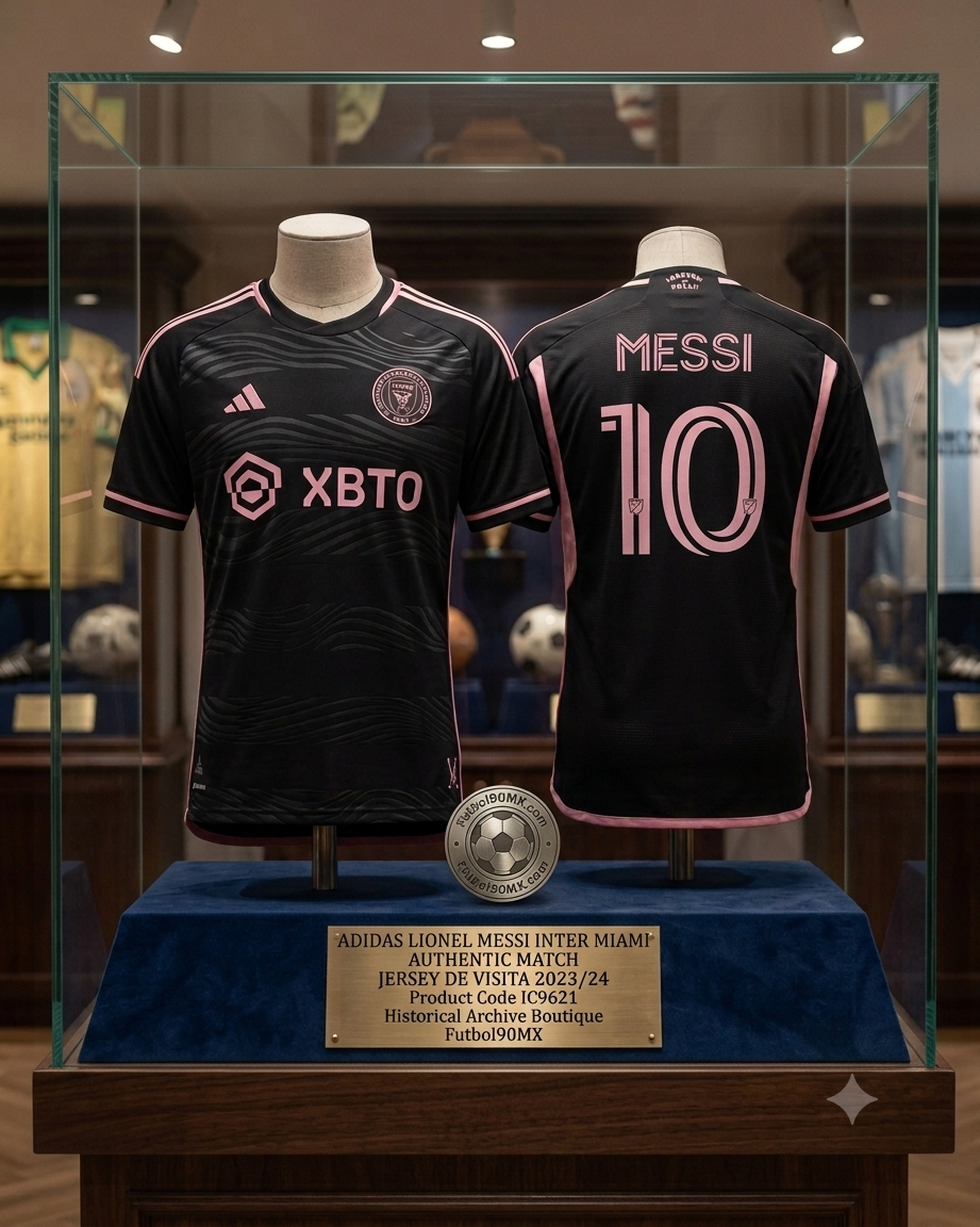 Exhibición de archivo de museo para el jersey Adidas Lionel Messi Authentic Match 'La Noche' del Inter Miami 2023/24 (Ref. IC9621) mostrando vista frontal y dorsal con la placa de la Historical Archive Boutique Futbol90MX.