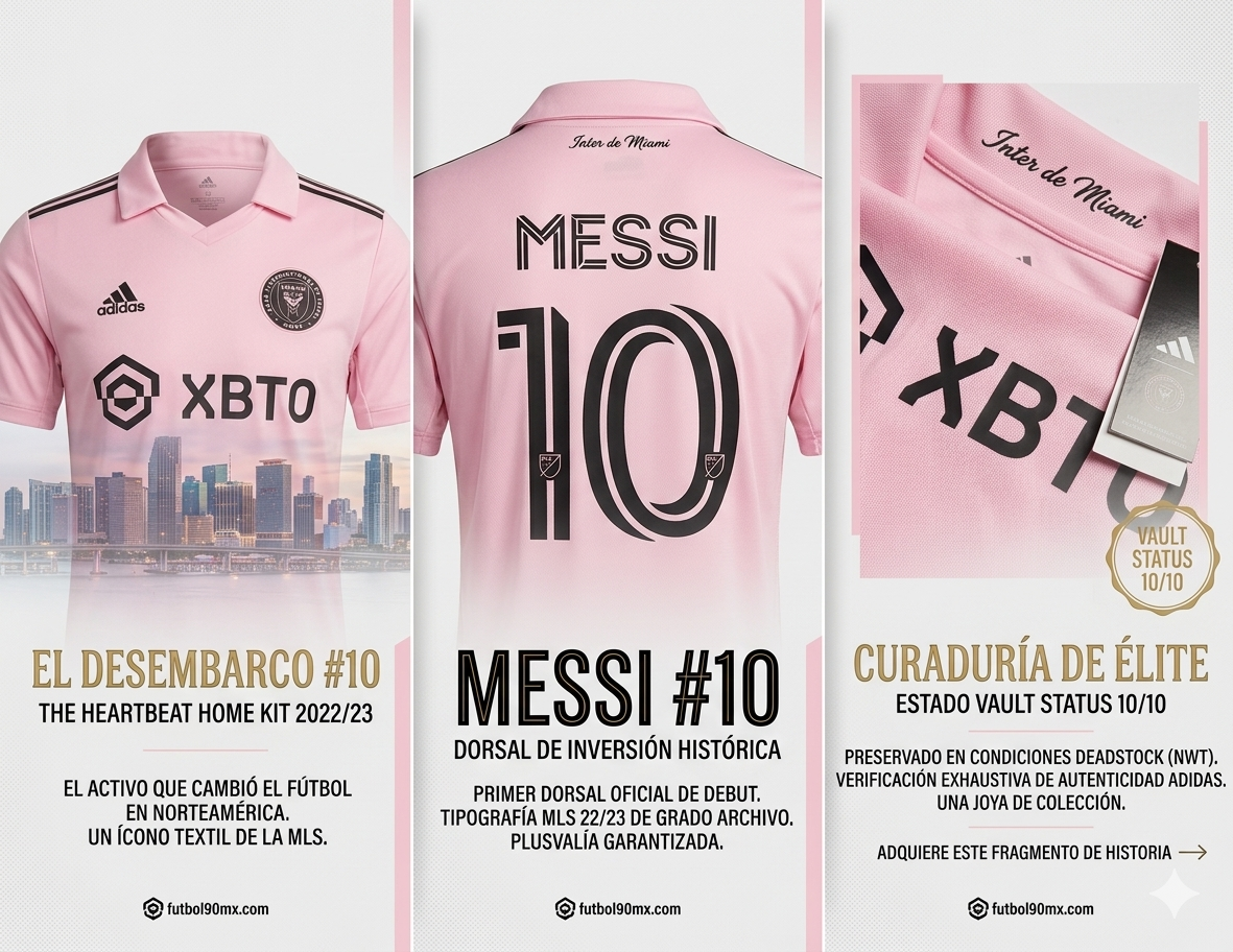 Infografía de marketing Messi Inter Miami 2022-23, texto El Amanecer del Diez, comparativa de detalles de archivo y certificación de autenticidad.