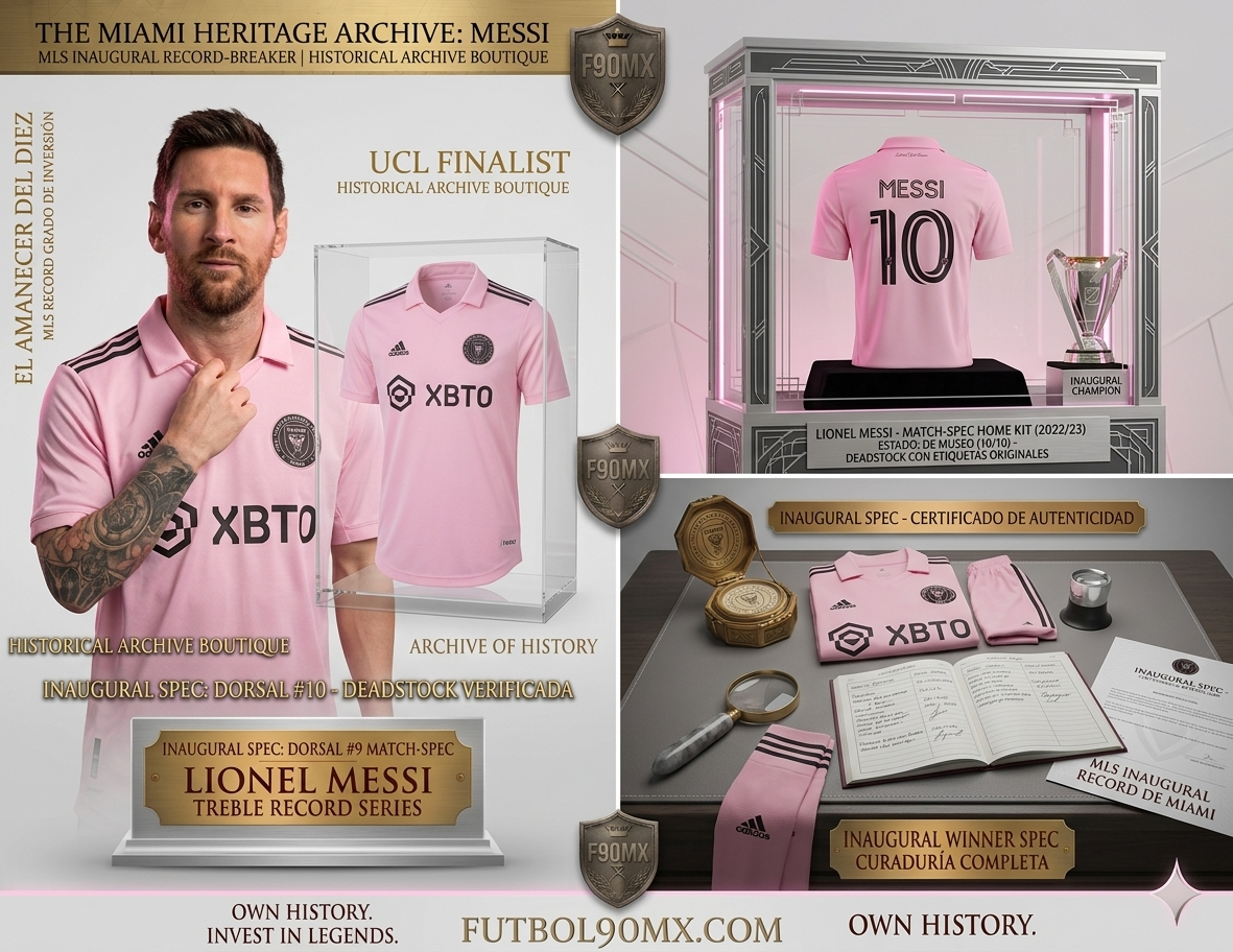 Gráfico publicitario de jersey Messi 10 Inter Miami, enfoque en dorsal de inversión histórica y tipografía inaugural MLS, estilo boutique de archivo.