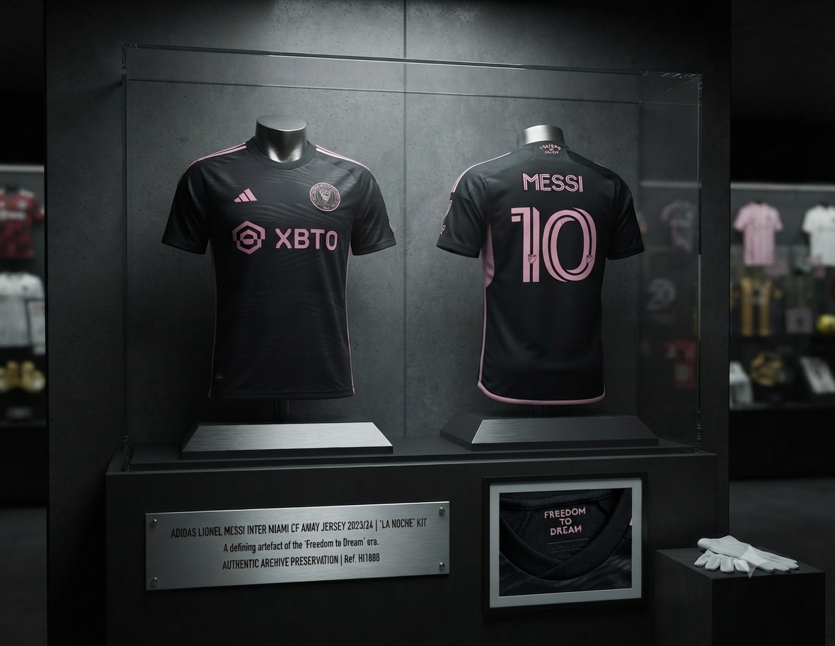 Jersey de Lionel Messi Inter Miami Visita presentado como pieza de museo en vitrina, con placa identificativa oficial de la Historical Archive Boutique Futbol90MX y detalle del lema "Freedom to Dream", codigo Adidas HI1888