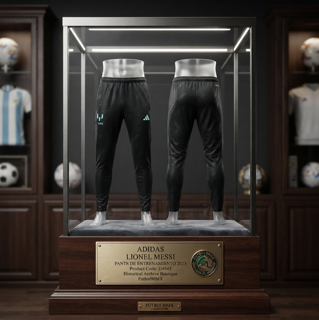Vista de Museo de los Pants de entrenamiento adidas Lionel Messi 2023 (Ref. IJ4943) exhibidos bajo los estándares museísticos de la Historical Archive Boutique en Futbol90MX