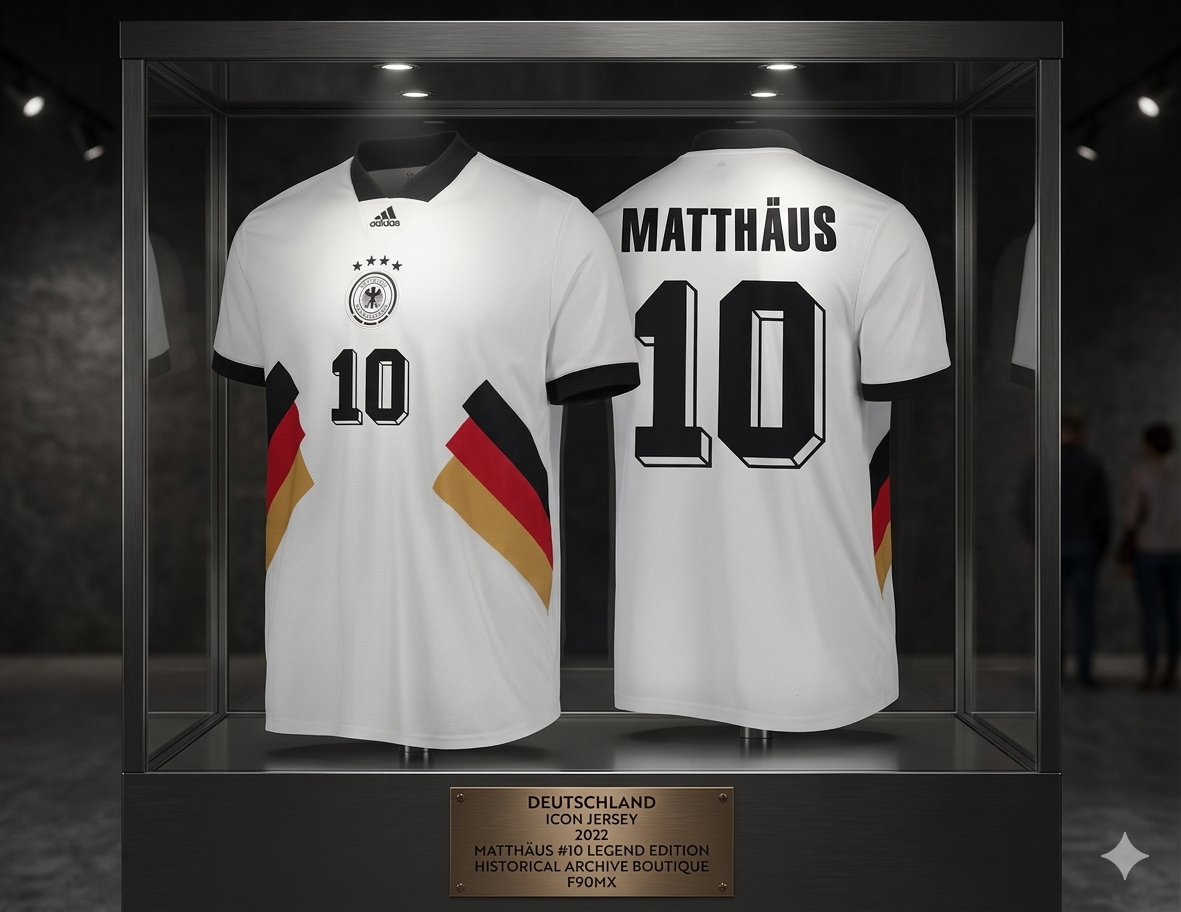 Vista de exhibición del jersey adidas HS5941  Alemania Icon 2022 de Lothar Matthäus #10. Composición de archivo con iluminación focalizada y placa técnica de bronce en vitrina de museo.