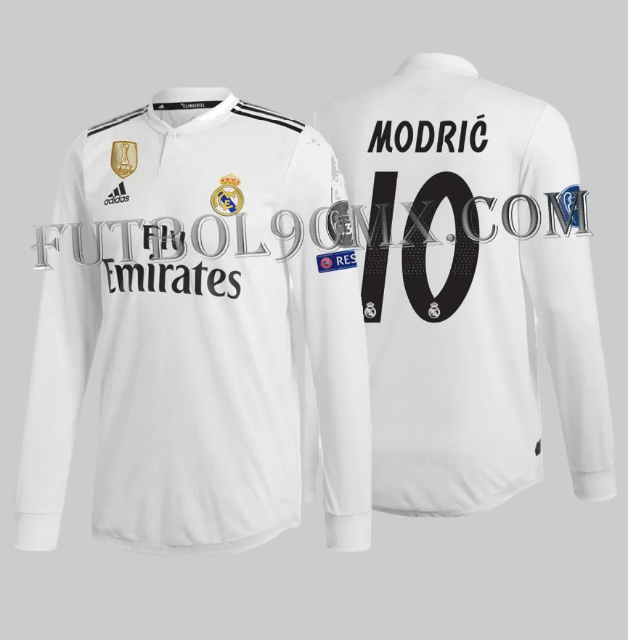 Detalle frontal del jersey de local Real Madrid UCL 2018/19, mostrando el escudo del club, el logo Adidas y el parche oficial de Campeón Mundial de la FIFA 2017, dorsal oficial "MODRIĆ 10" en la espalda, tipografía de competición europea. Calidad Authentic Match DQ0869, stock Futbol90MX