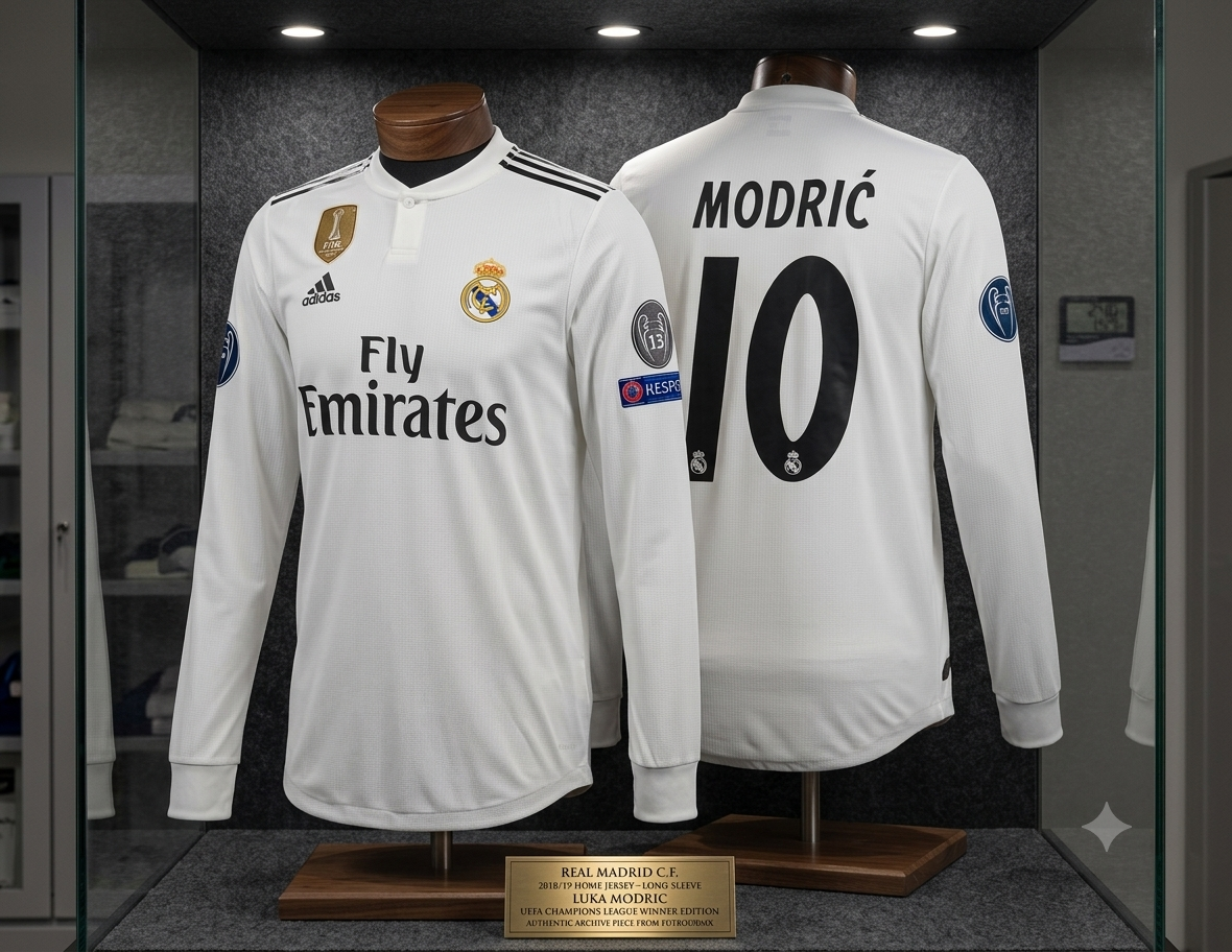 Jersey Authentic Match de local manga larga Real Madrid UEFA Champions League 2018/19 de Luka Modrić, codigo DQ0869, exhibido en vitrina museística, con placa de identificación oficial de la Historical Archive Boutique de Futbol90MX.