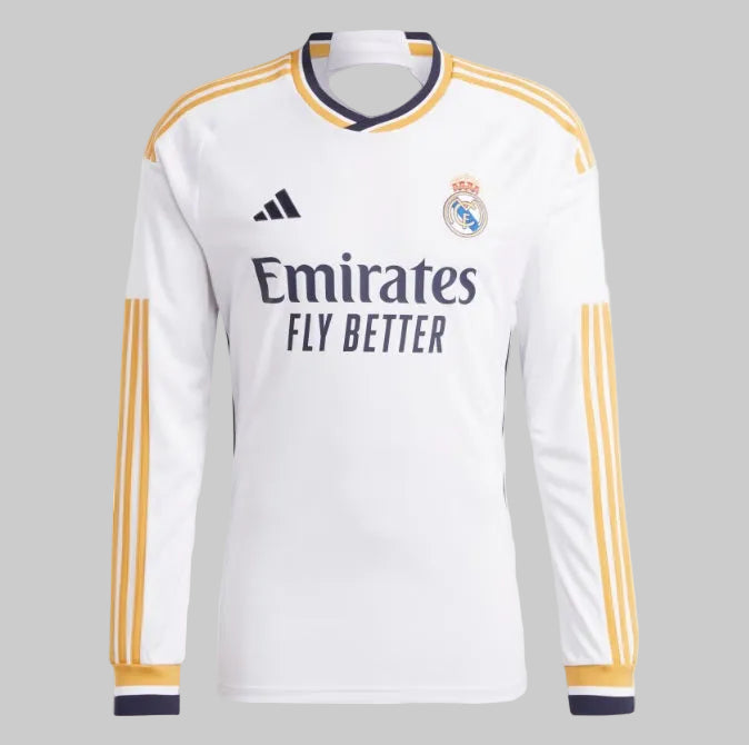 Vista frontal del jersey Adidas Luka Modric Real Madrid de manga larga para UEFA Champions League de casa 2023/24 (Ref. IB0018) con tecnología AEROREADY en la Historical Archive Boutique de Futbol90MX