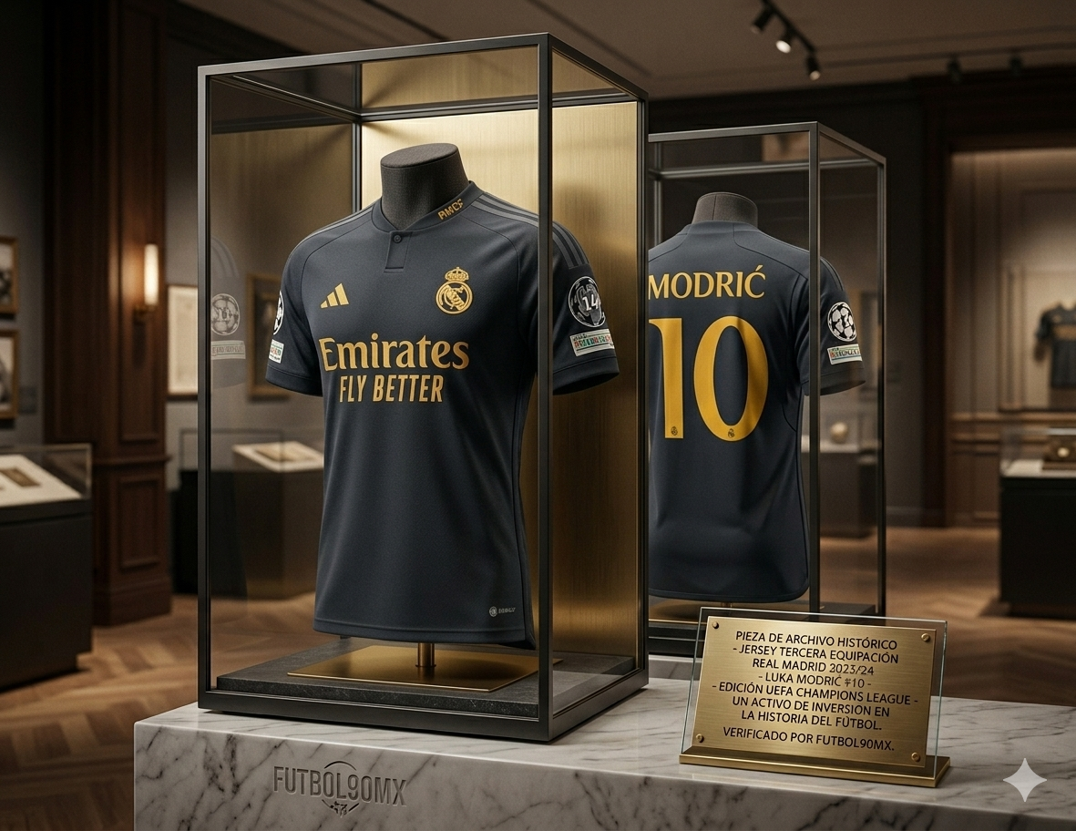 Exhibición de archivo histórico Jersey Real Madrid Tercero 2023-24 Luka Modric #10 en vitrina de museo colección Futbol90MX Adidas IN9846