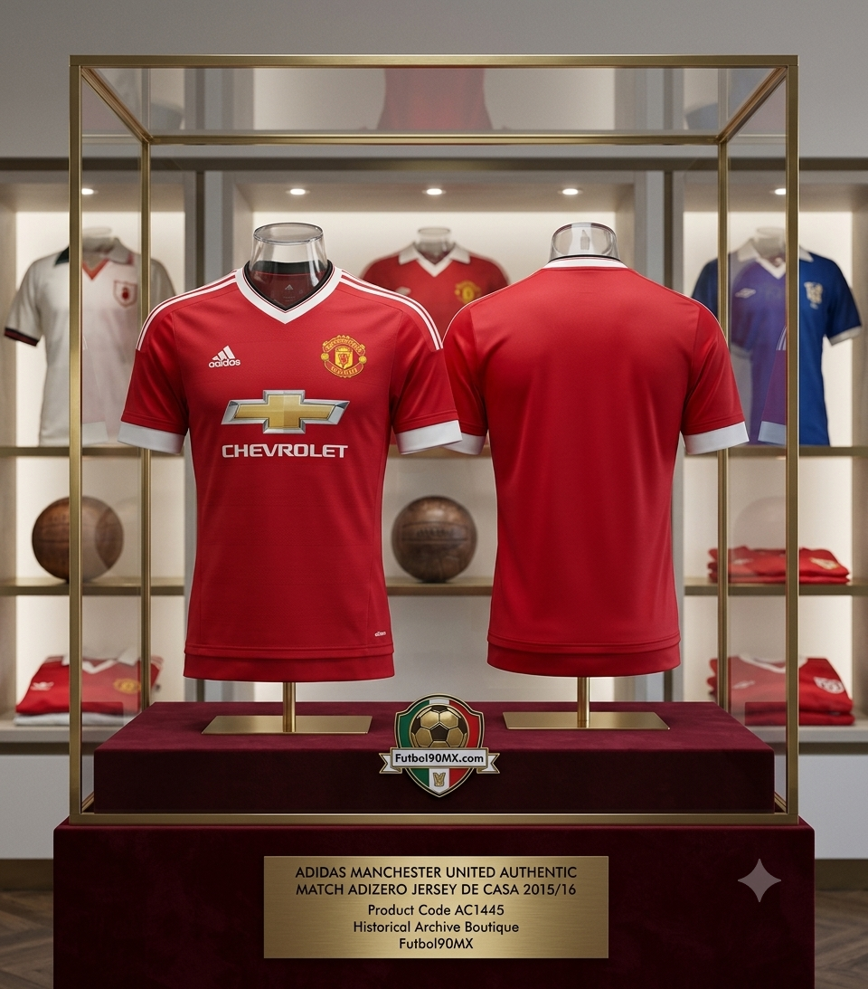 Exhibición de archivo de museo para el jersey Adidas Authentic Match Adizero del Manchester United Local 2015/16 (Ref. AC1415) en rojo clásico, con vista frontal, dorsal y la placa conmemorativa de la Historical Archive Boutique Futbol90MX