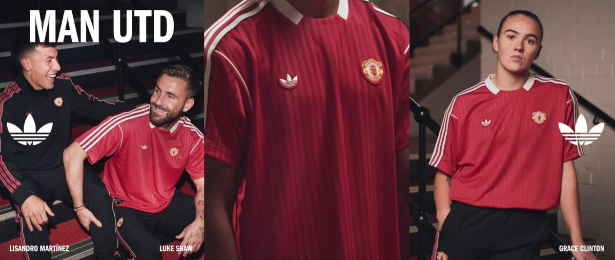 Campaña oficial de adidas con los futbolistas Lisandro Martínez, Luke Shaw y Grace Clinton luciendo la colección Manchester United Icon (Ref. JF0386) en Futbol90MX