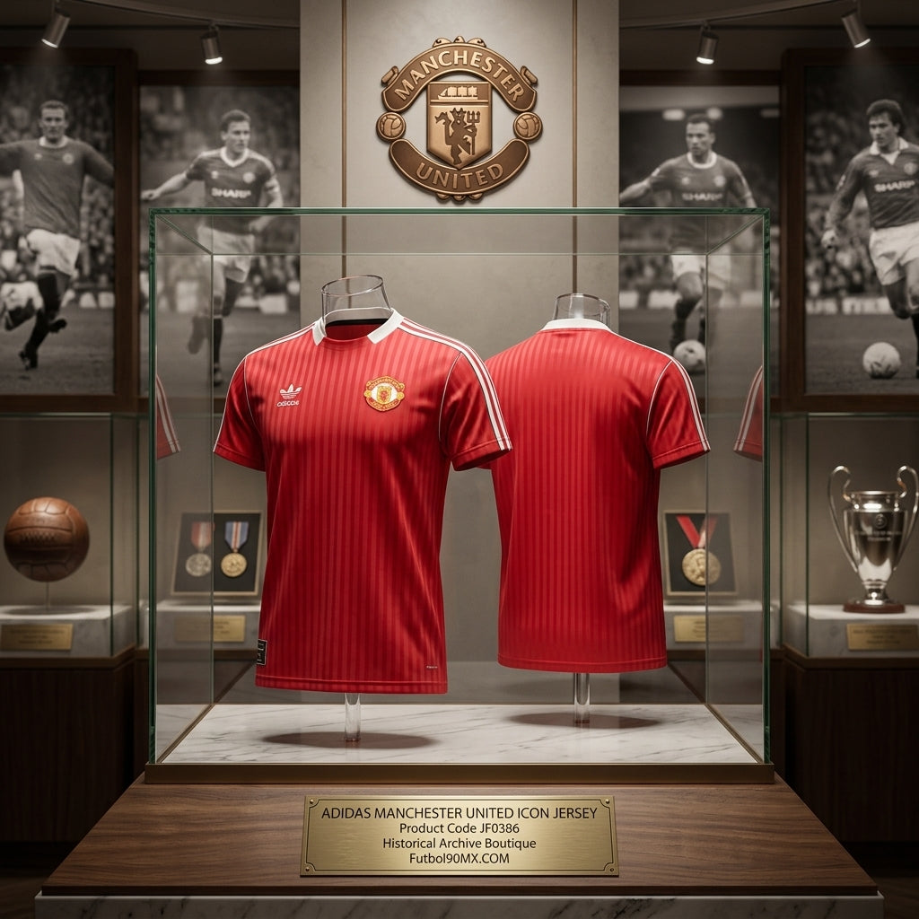 Exhibición museográfica en vitrina de la Historical Archive Boutique de Futbol90MX del jersey Adidas Manchester United Icon (Ref. JF0386)