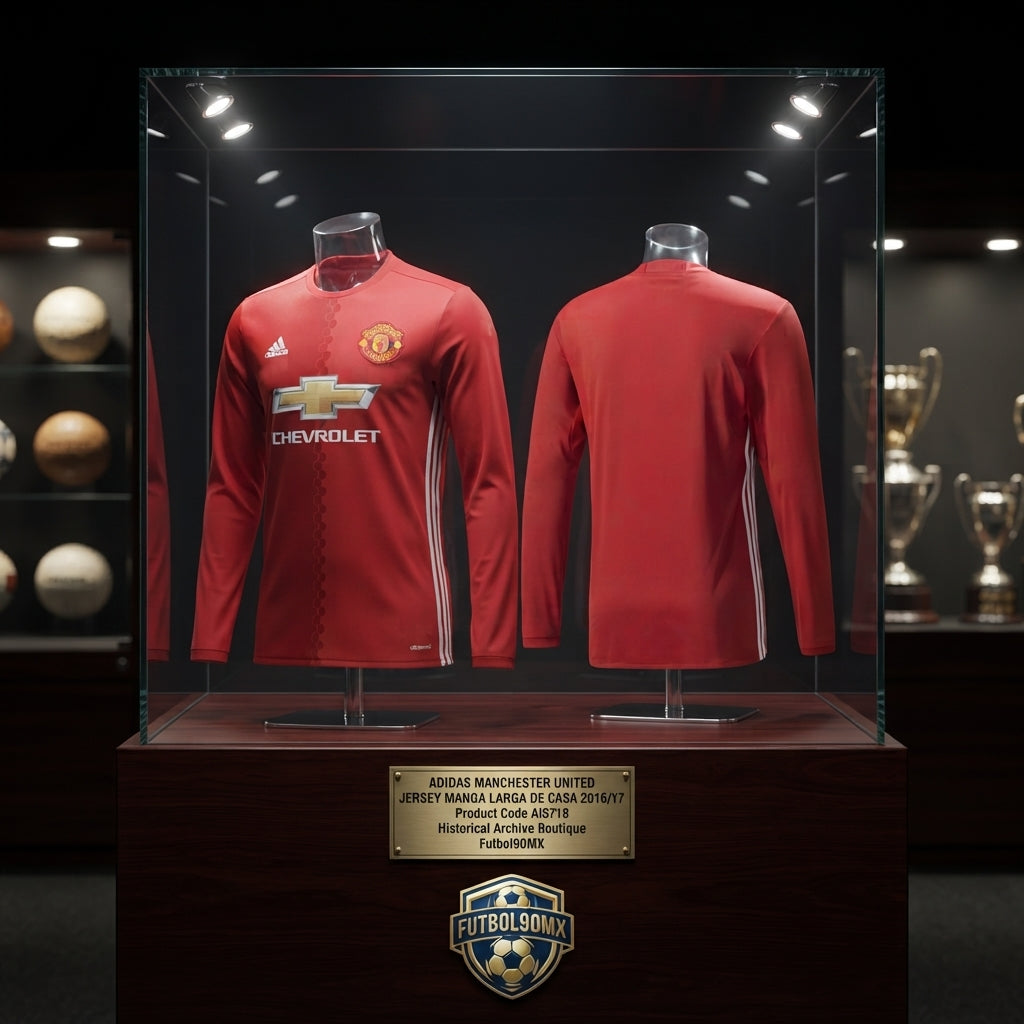 Vista de Exhibición de archivo museográfica del jersey Adidas Manchester United Long Sleeve Home 2016/17 (Ref. AI6718) con placa en la Historical Archive Boutique de Futbol90MX