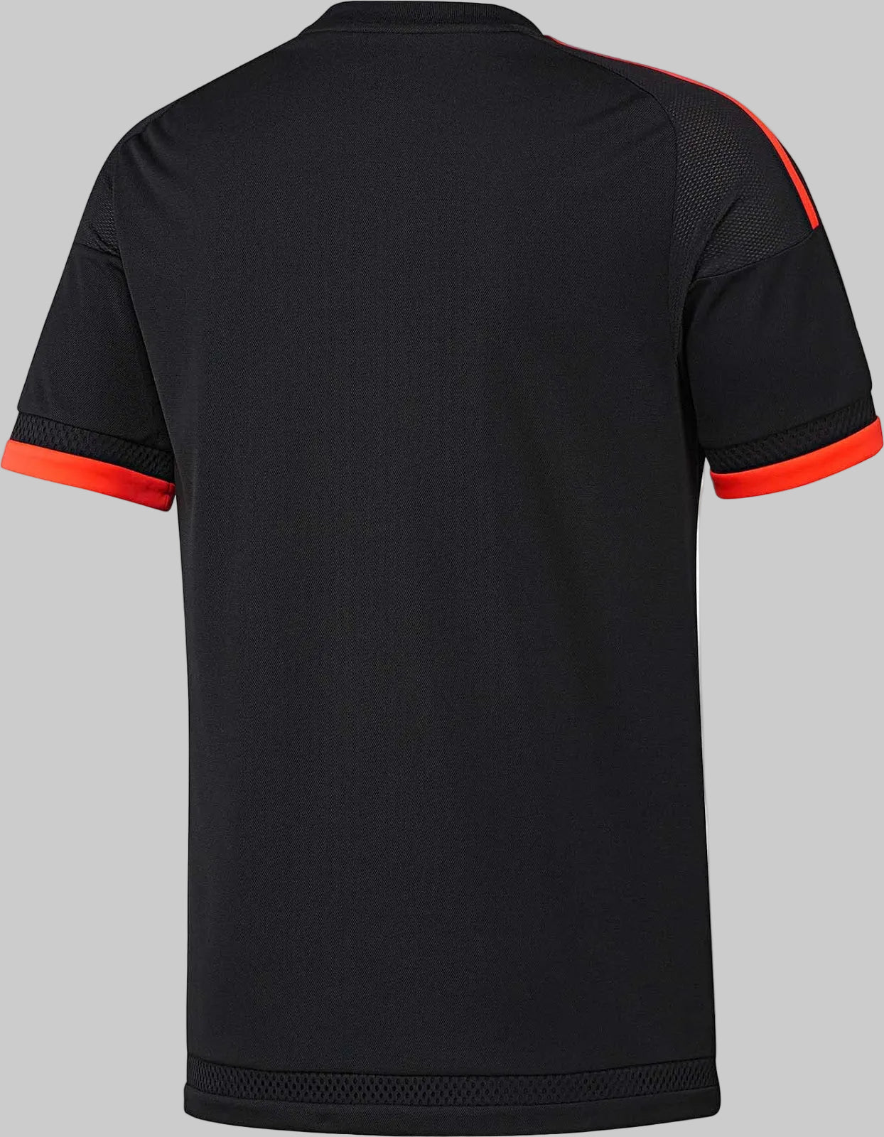 Vista posterior de la tercera equipación del Manchester United 2015/16 (Ref. AC1445), mostrando el diseño limpio en negro profundo y el tejido transpirable Climacool, stock Futbol90MX