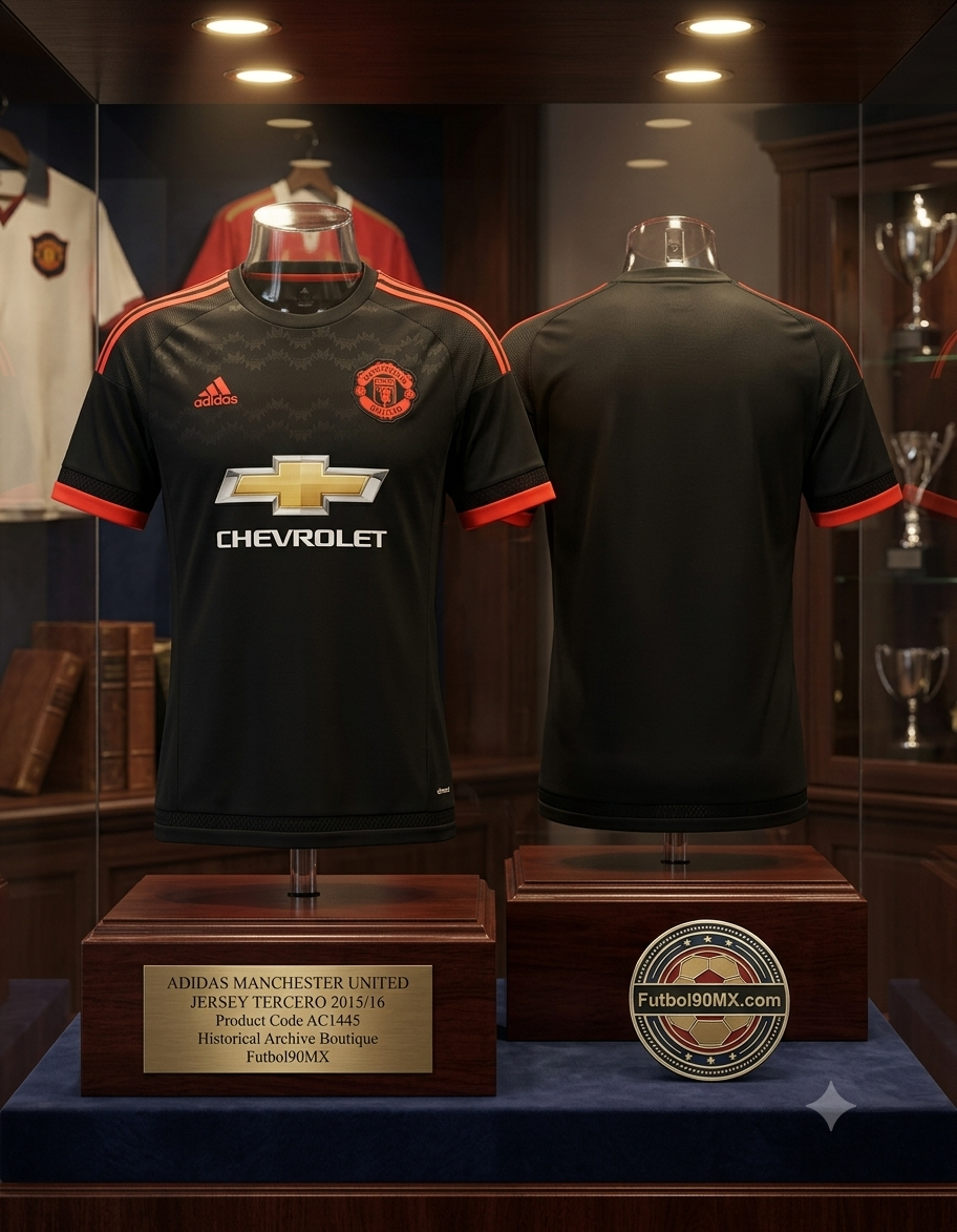 Exhibición de archivo de museo para el tercer jersey Adidas del Manchester United 2015/16 (Ref. AC1445) en color negro y rojo solar, con vista frontal, dorsal y la placa conmemorativa de la Historical Archive Boutique Futbol90MX
