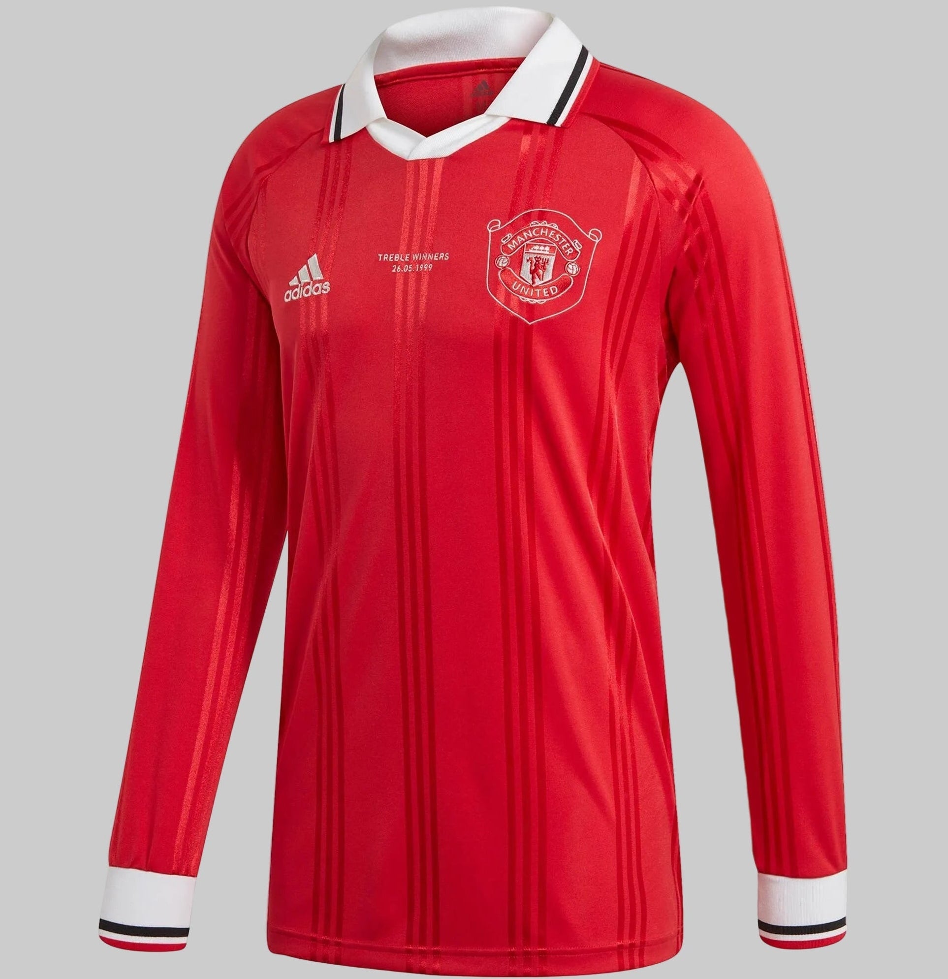 Jersey Adidas Manchester United Icons manga larga rojo DX9081, edición aniversario Treble Winners 1999 con cuello polo - Futbol90MX Archive.