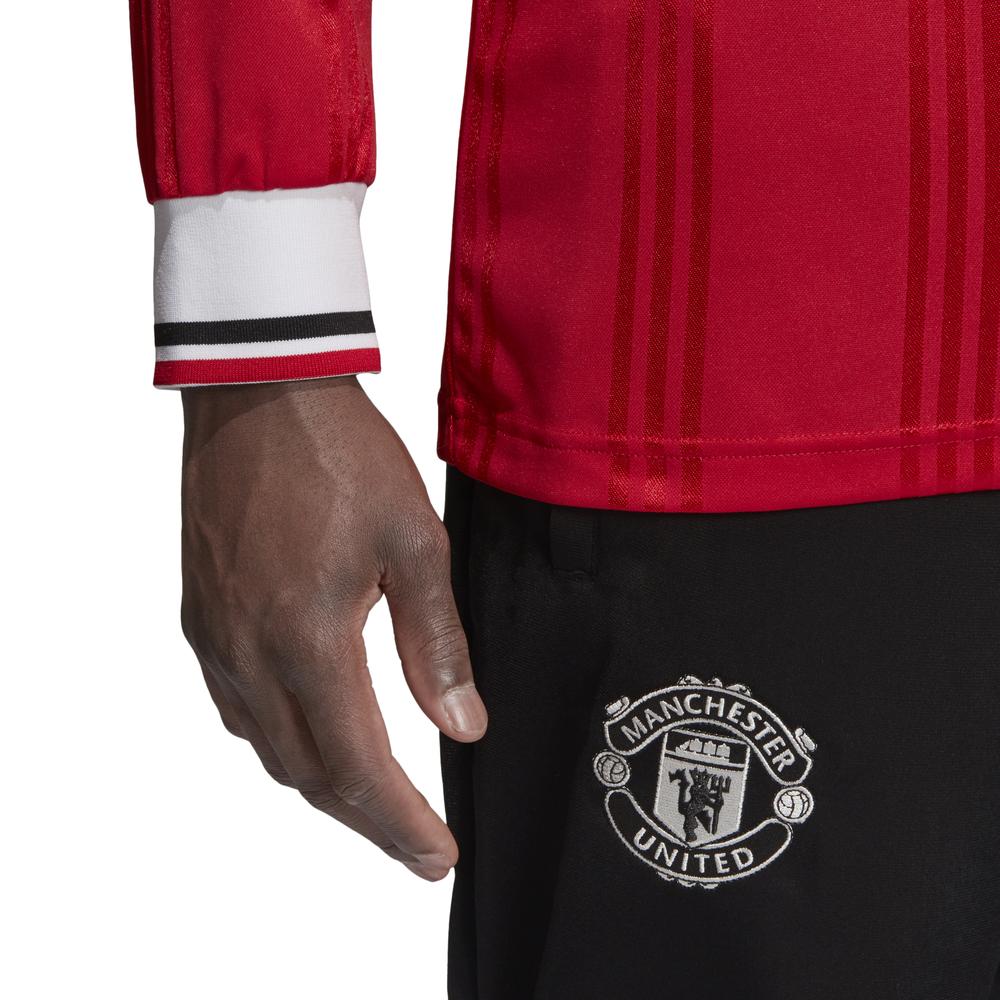 Detalle de manga larga con puños acanalados en blanco y negro, silueta vintage del Manchester United Icons 2019-20 - Futbol90MX.