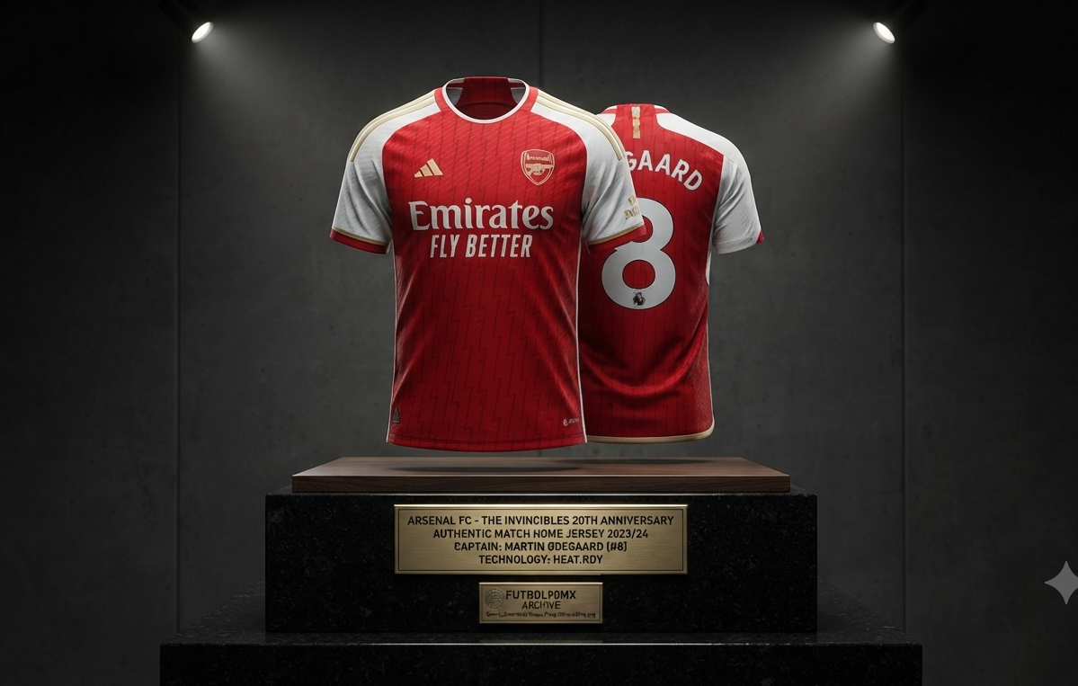 Vista frontal de estudio del jersey Authentic Match Home del Arsenal FC 2023/24, personalizado con el capitán Martin Ødegaard y el dorsal 8. Se aprecia el patrón de rayos rojo, detalles en dorado y la tecnología HEAT.RDY aplicada en la prenda oficial de juego, codigo HR6931, en Historical Archive Boutique Futbol90MX